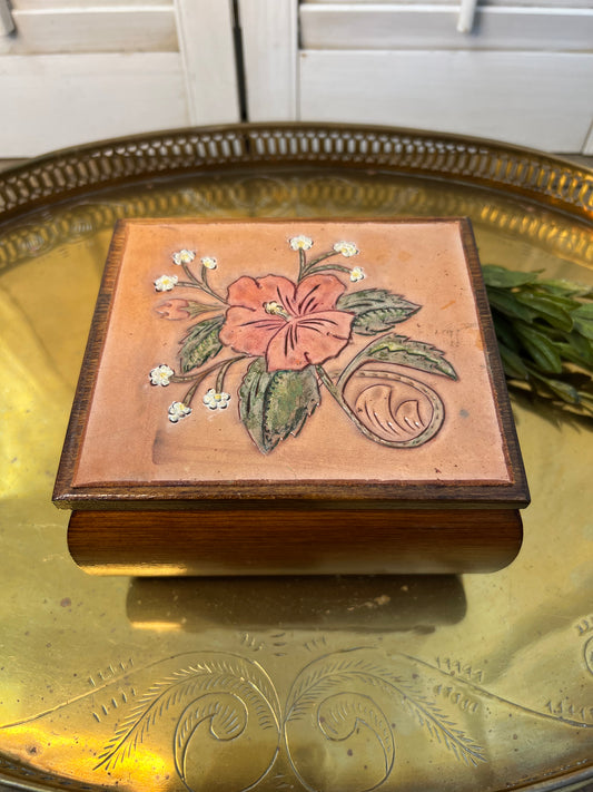 Wood jewelry/trinket box with painted leather lid