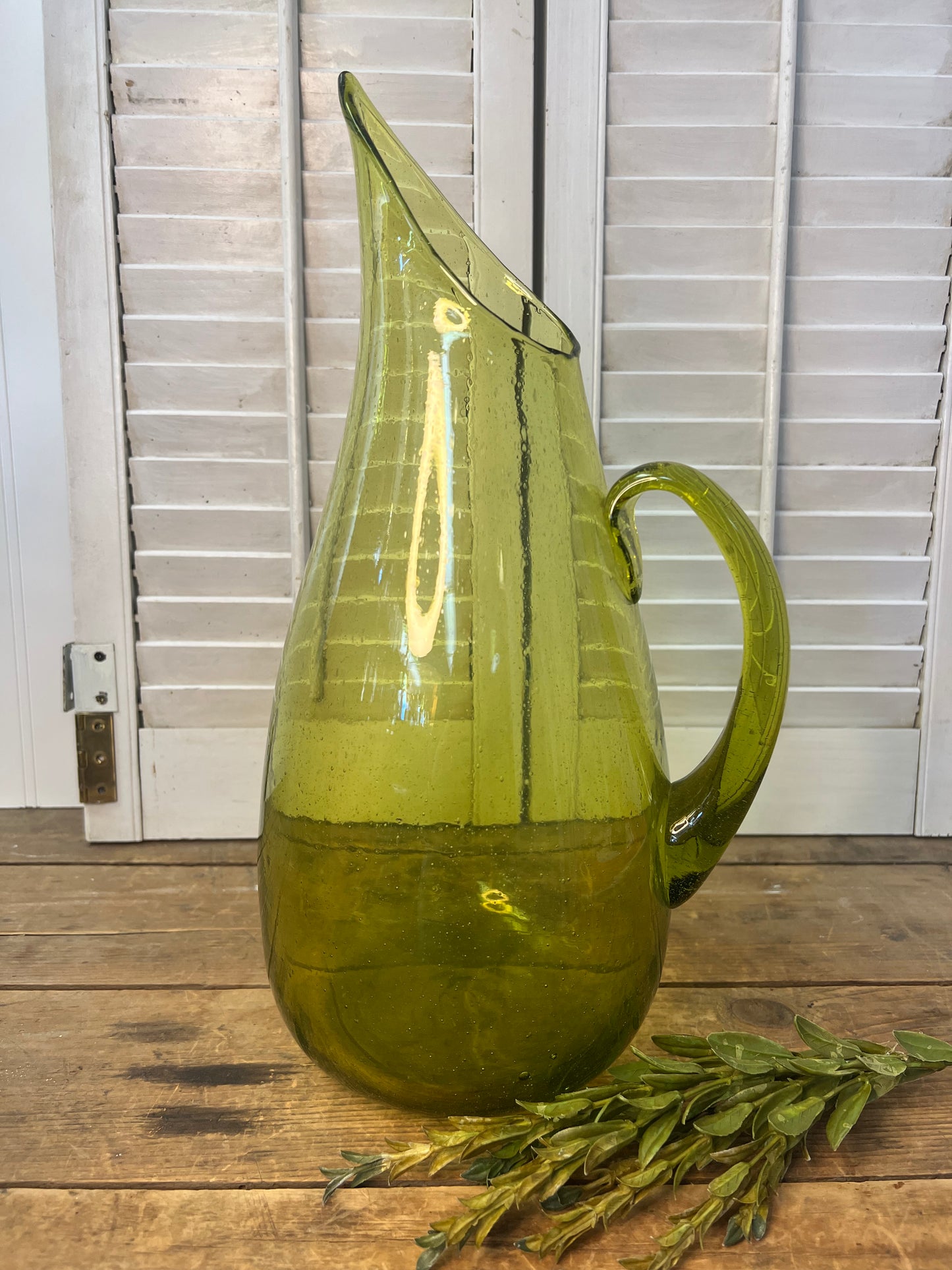 Vintage Blenko chartreuse green water pitcher Vintage Hand Blown Art Glass Pitcher