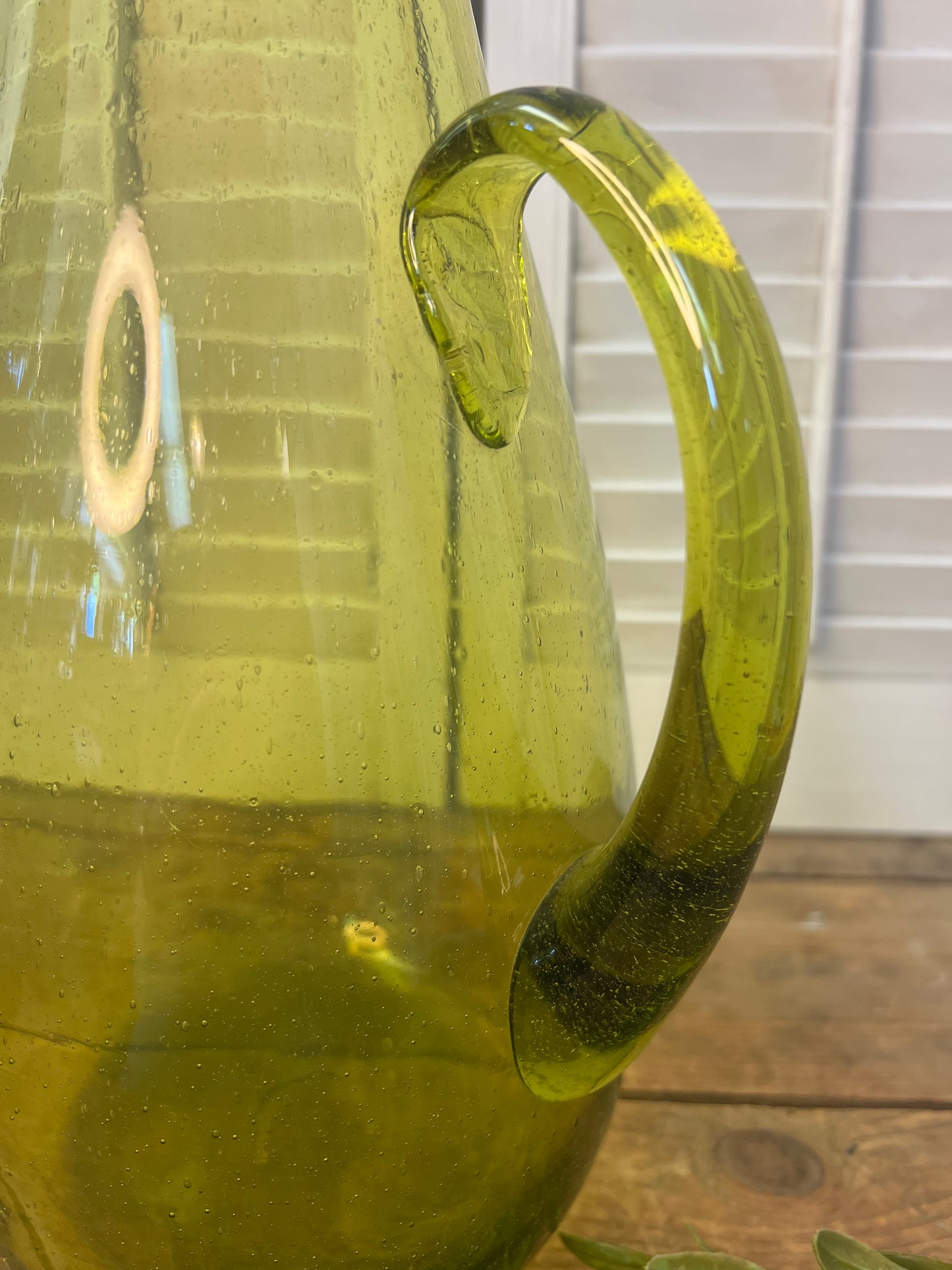 Vintage Blenko chartreuse green water pitcher Vintage Hand Blown Art Glass Pitcher