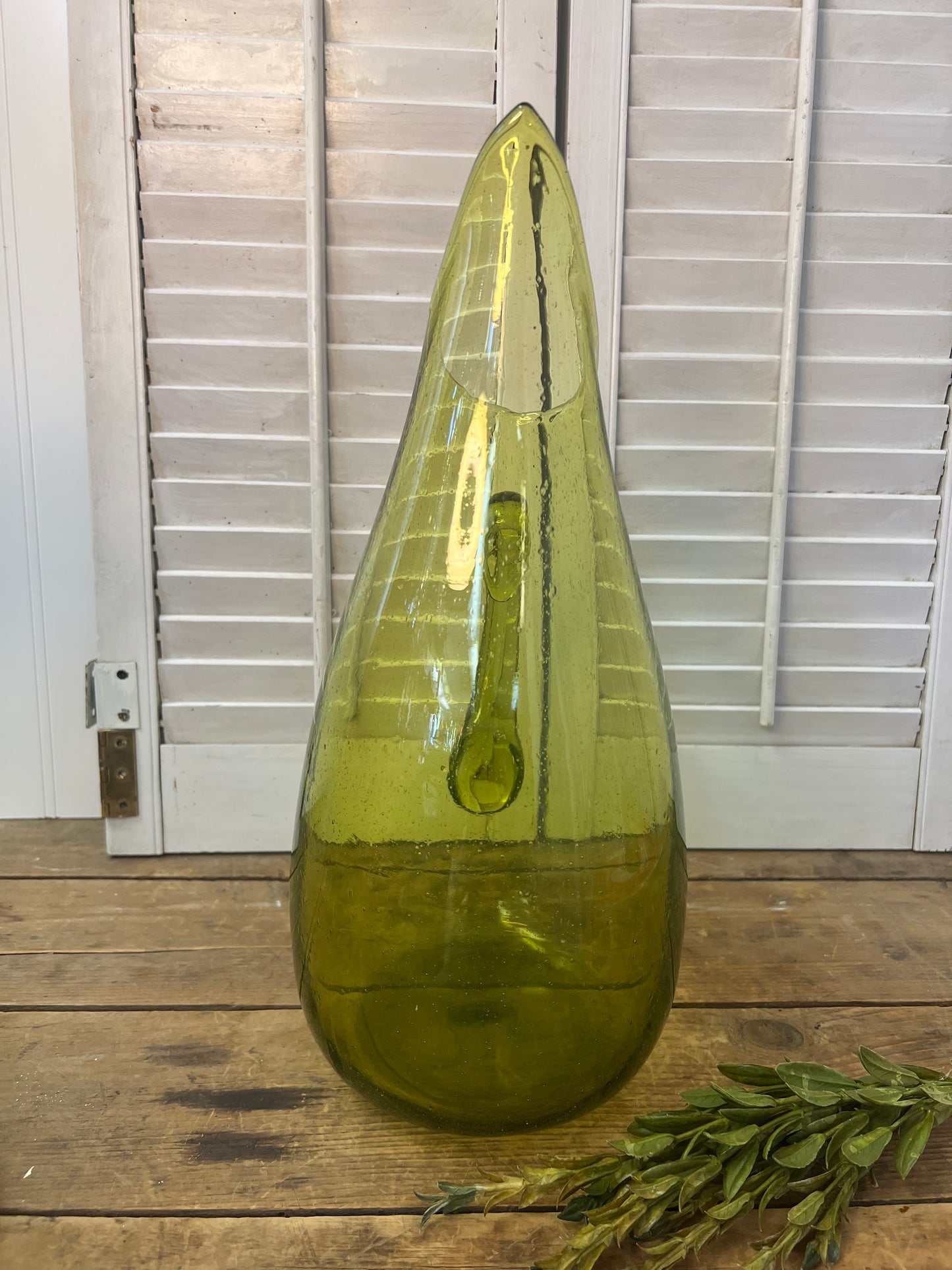 Vintage Blenko chartreuse green water pitcher Vintage Hand Blown Art Glass Pitcher
