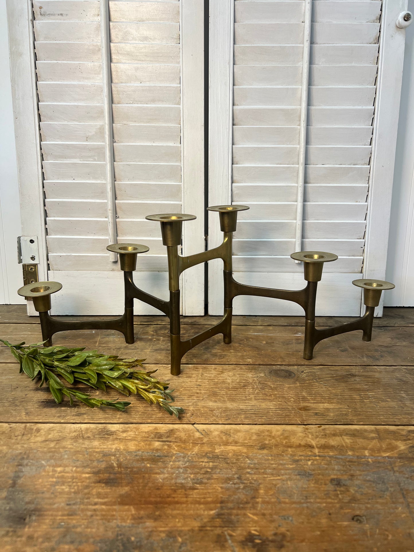 Vintage Brutalist Mid Century Modern Folding Brass Candelabra, Articulating Brass 6 Candle Holder