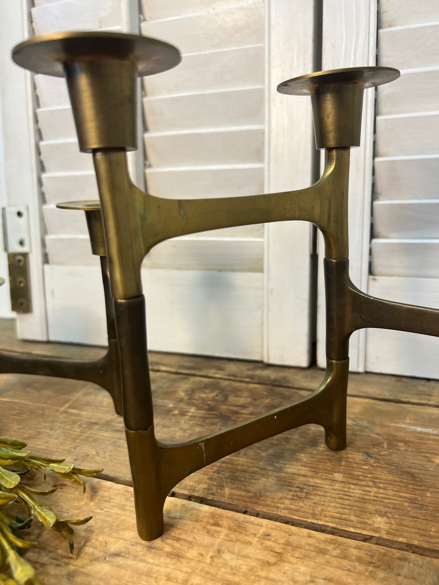 Vintage Brutalist Mid Century Modern Folding Brass Candelabra, Articulating Brass 6 Candle Holder