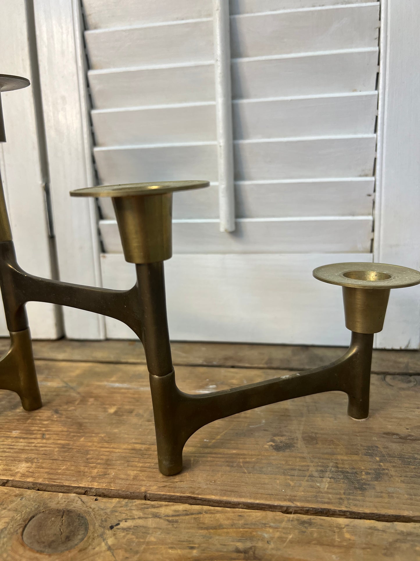 Vintage Brutalist Mid Century Modern Folding Brass Candelabra, Articulating Brass 6 Candle Holder