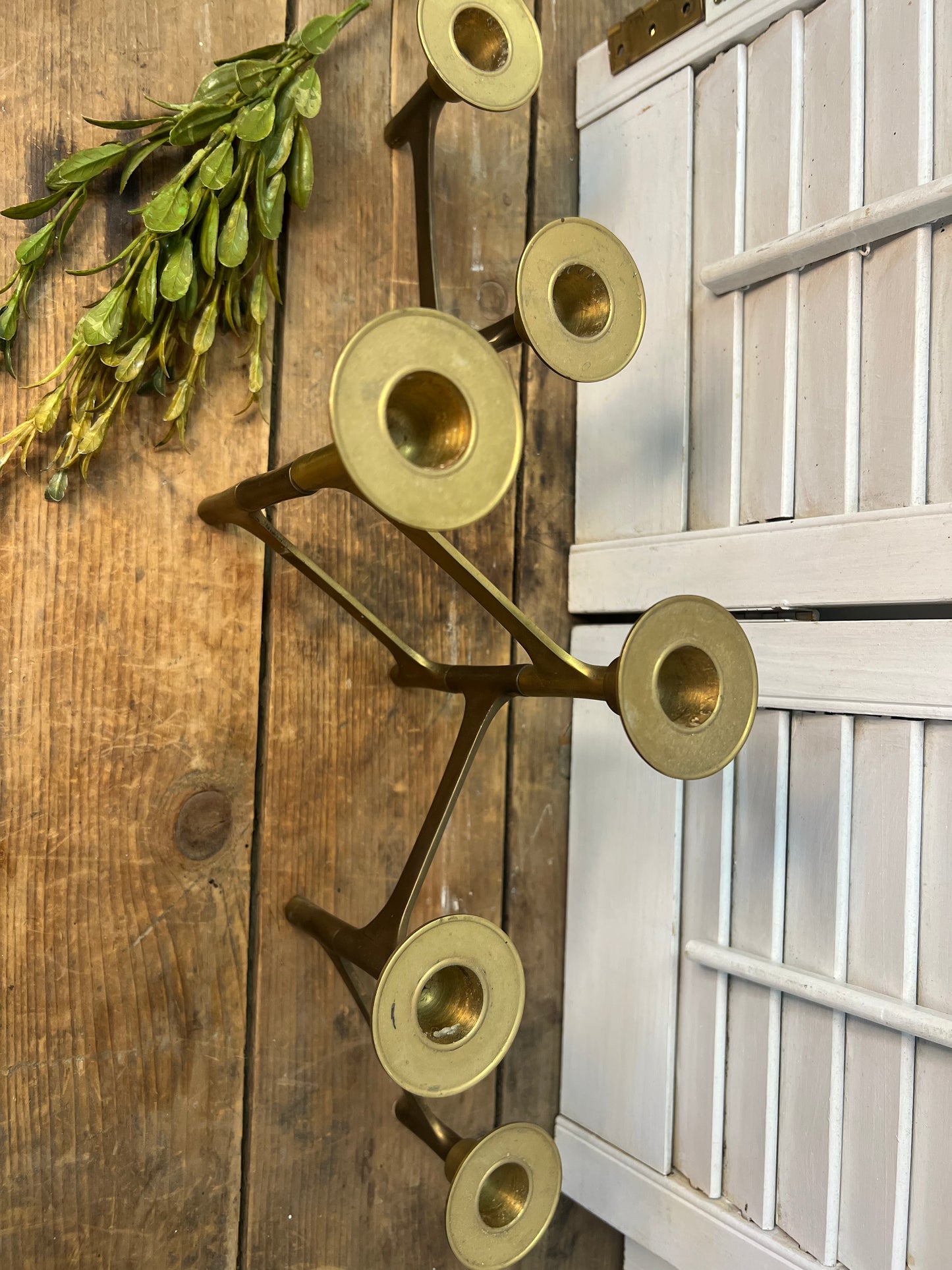 Vintage Brutalist Mid Century Modern Folding Brass Candelabra, Articulating Brass 6 Candle Holder