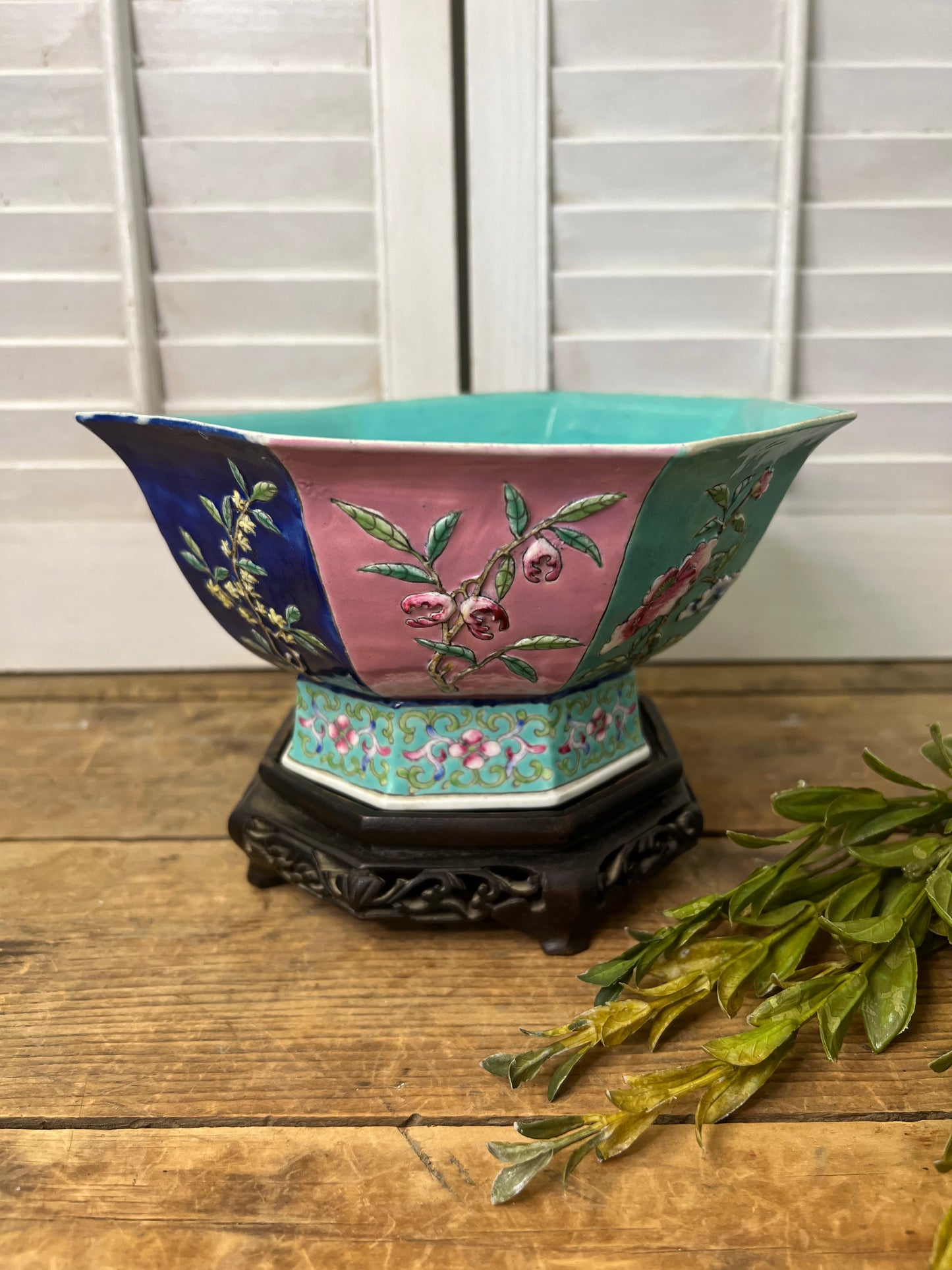 Antique Chinese Famille Rose Octagonal Bowl with Wood Stand