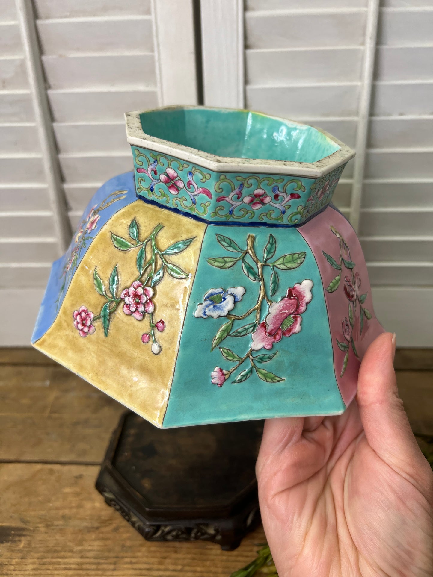 Antique Chinese Famille Rose Octagonal Bowl with Wood Stand