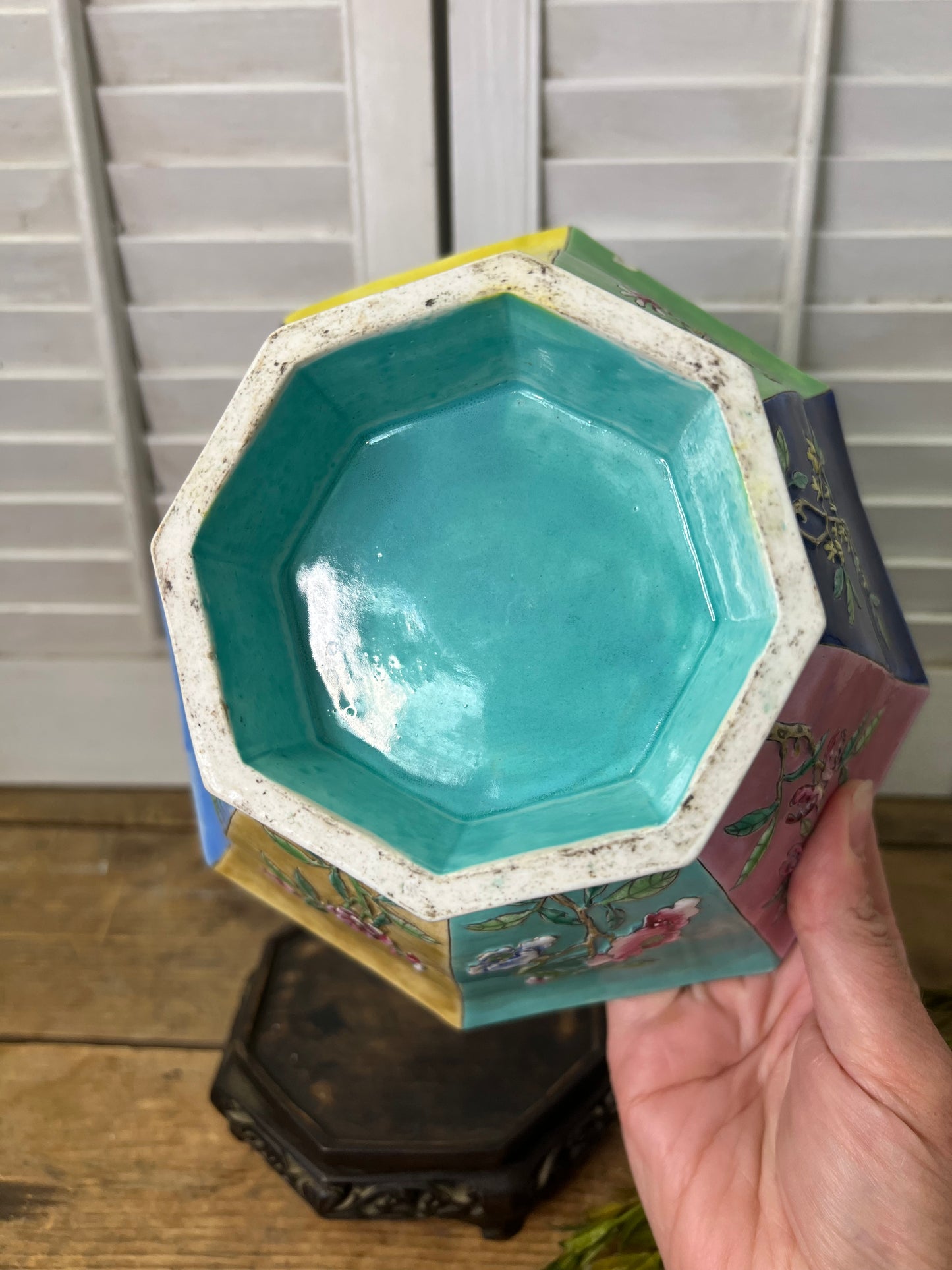 Antique Chinese Famille Rose Octagonal Bowl with Wood Stand