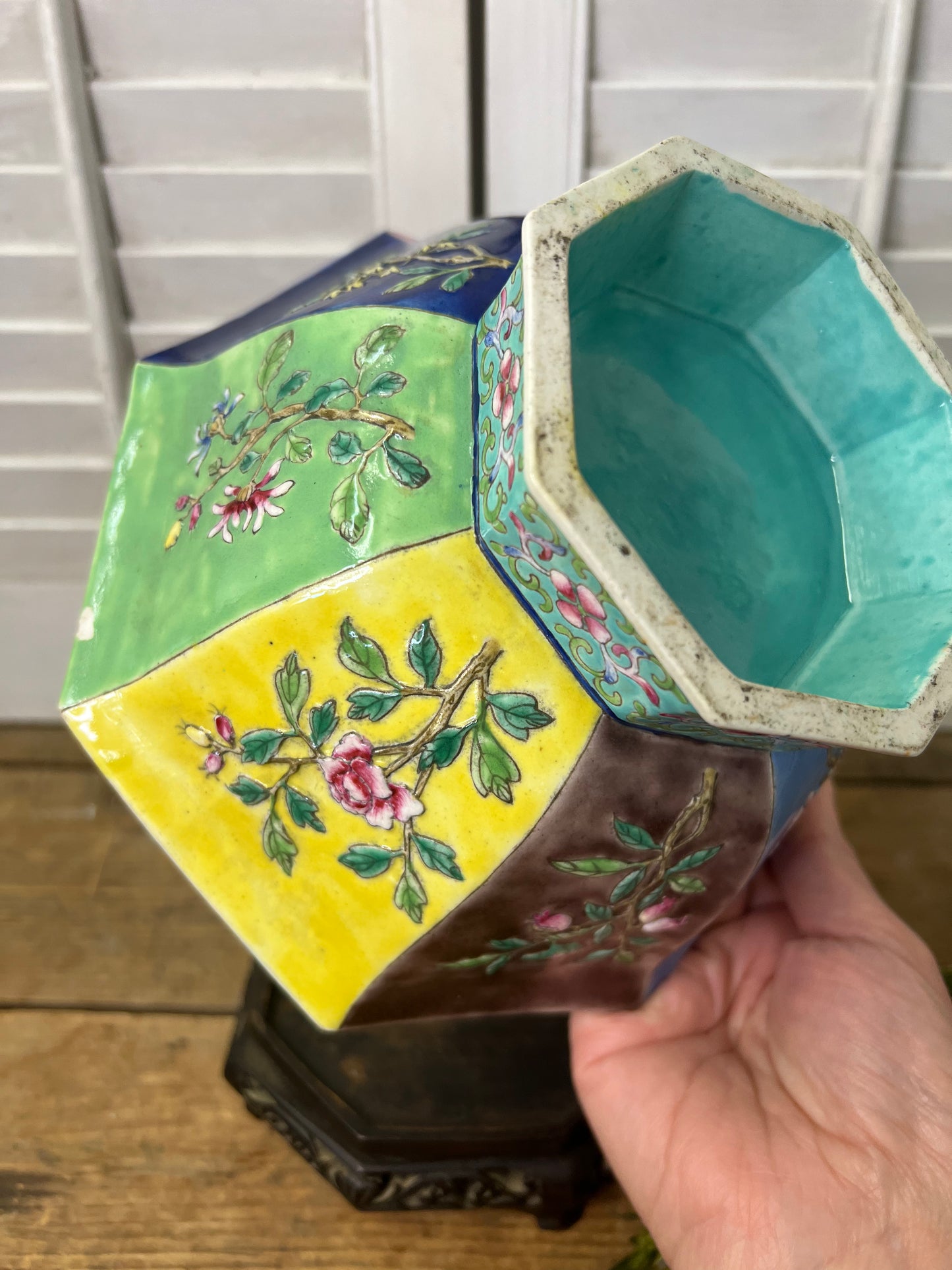 Antique Chinese Famille Rose Octagonal Bowl with Wood Stand