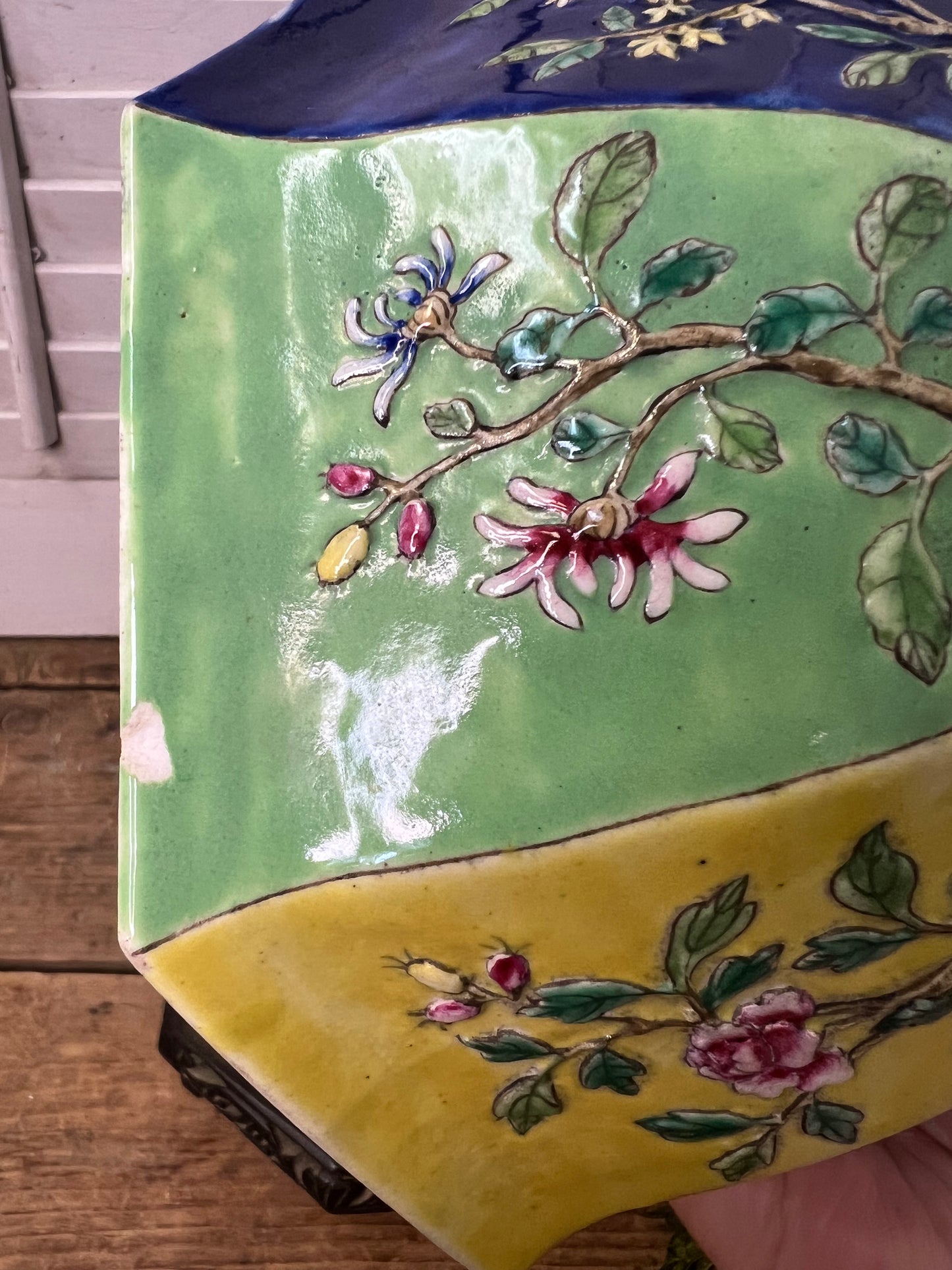 Antique Chinese Famille Rose Octagonal Bowl with Wood Stand