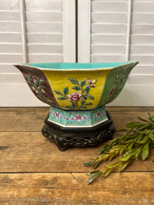Antique Chinese Famille Rose Octagonal Bowl with Wood Stand