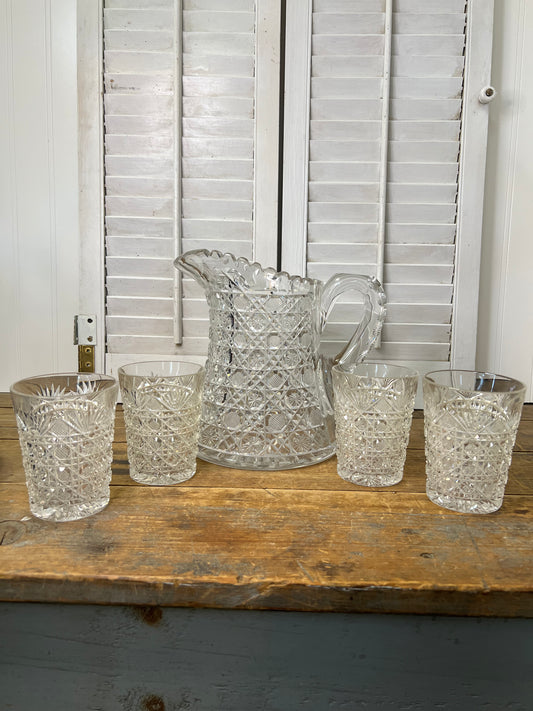 Antique American Brilliant Period Cut Crystal Pitcher and Four Matching Glasses