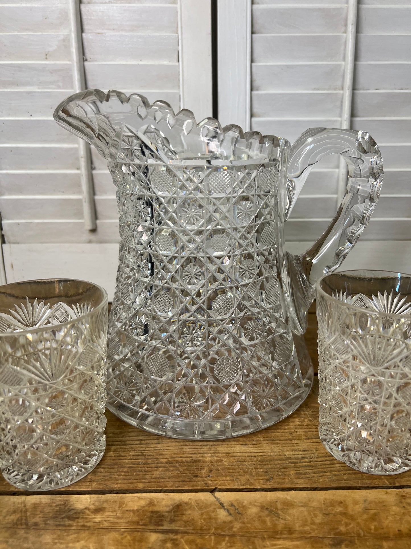 Antique American Brilliant Period Cut Crystal Pitcher and Four Matching Glasses