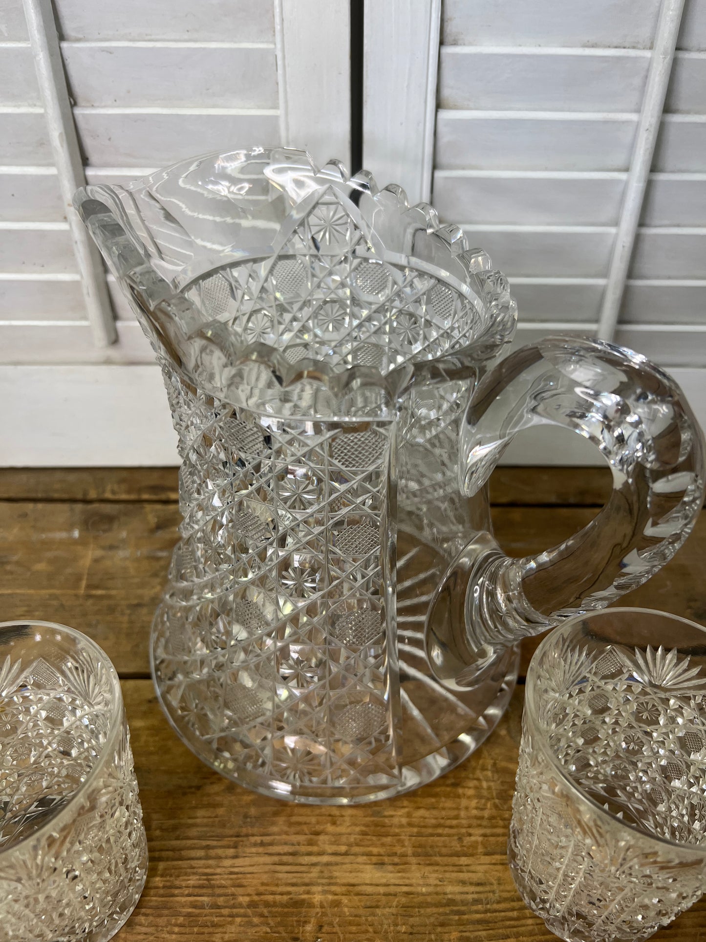 Antique American Brilliant Period Cut Crystal Pitcher and Four Matching Glasses
