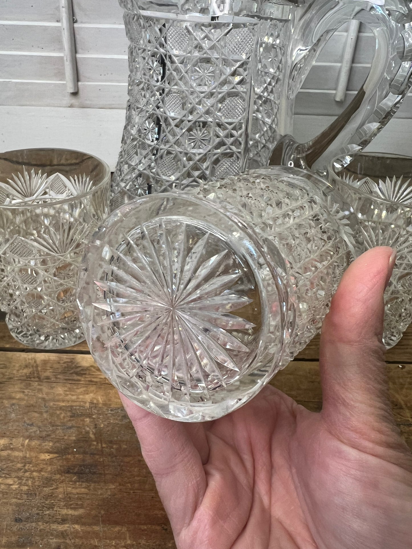 Antique American Brilliant Period Cut Crystal Pitcher and Four Matching Glasses