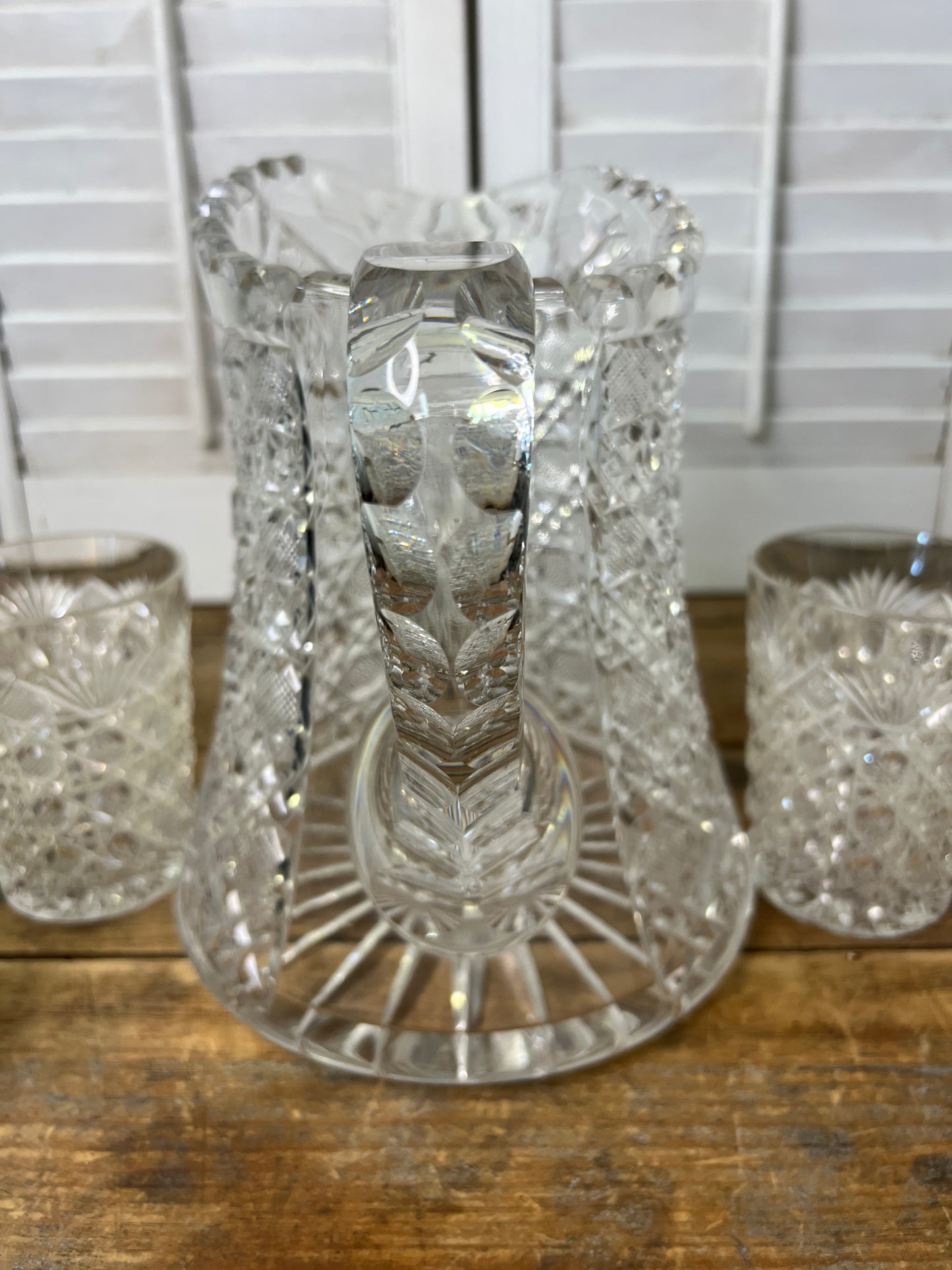 Antique American Brilliant Period Cut Crystal Pitcher and Four Matching Glasses