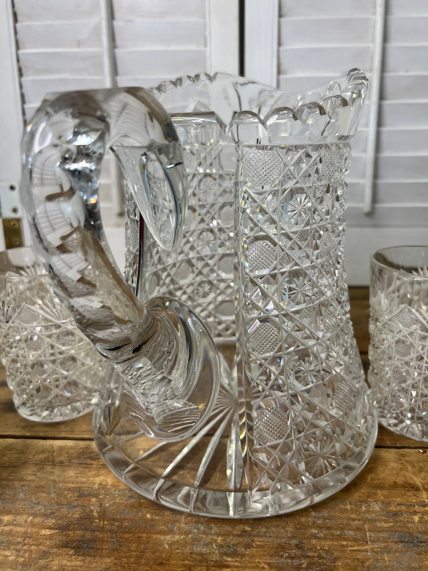 Antique American Brilliant Period Cut Crystal Pitcher and Four Matching Glasses