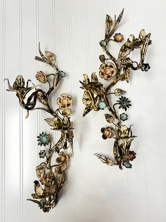 Pair Vintage Italian Floral Design Gold/Cream Metal Candle Wall Sconces