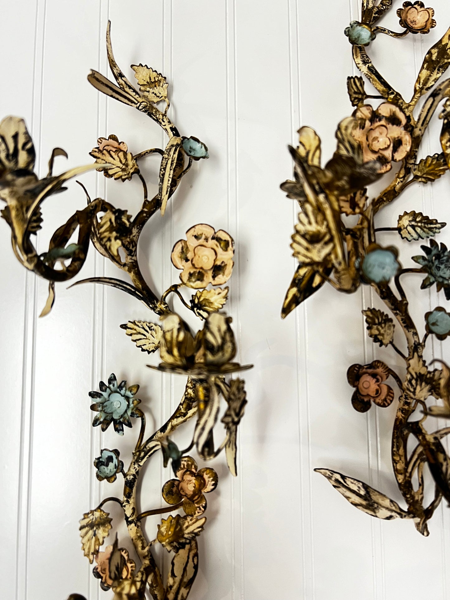 Pair Vintage Italian Floral Design Gold/Cream Metal Candle Wall Sconces