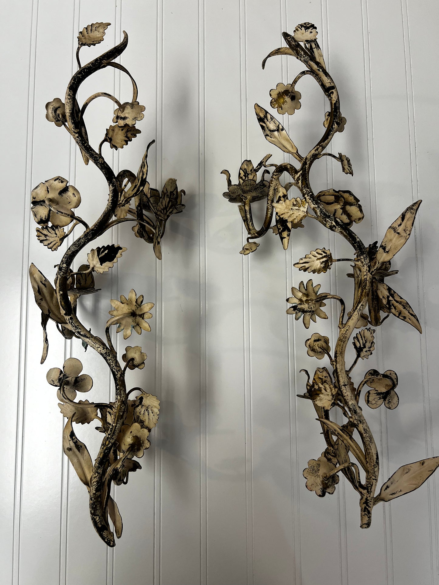 Pair Vintage Italian Floral Design Gold/Cream Metal Candle Wall Sconces