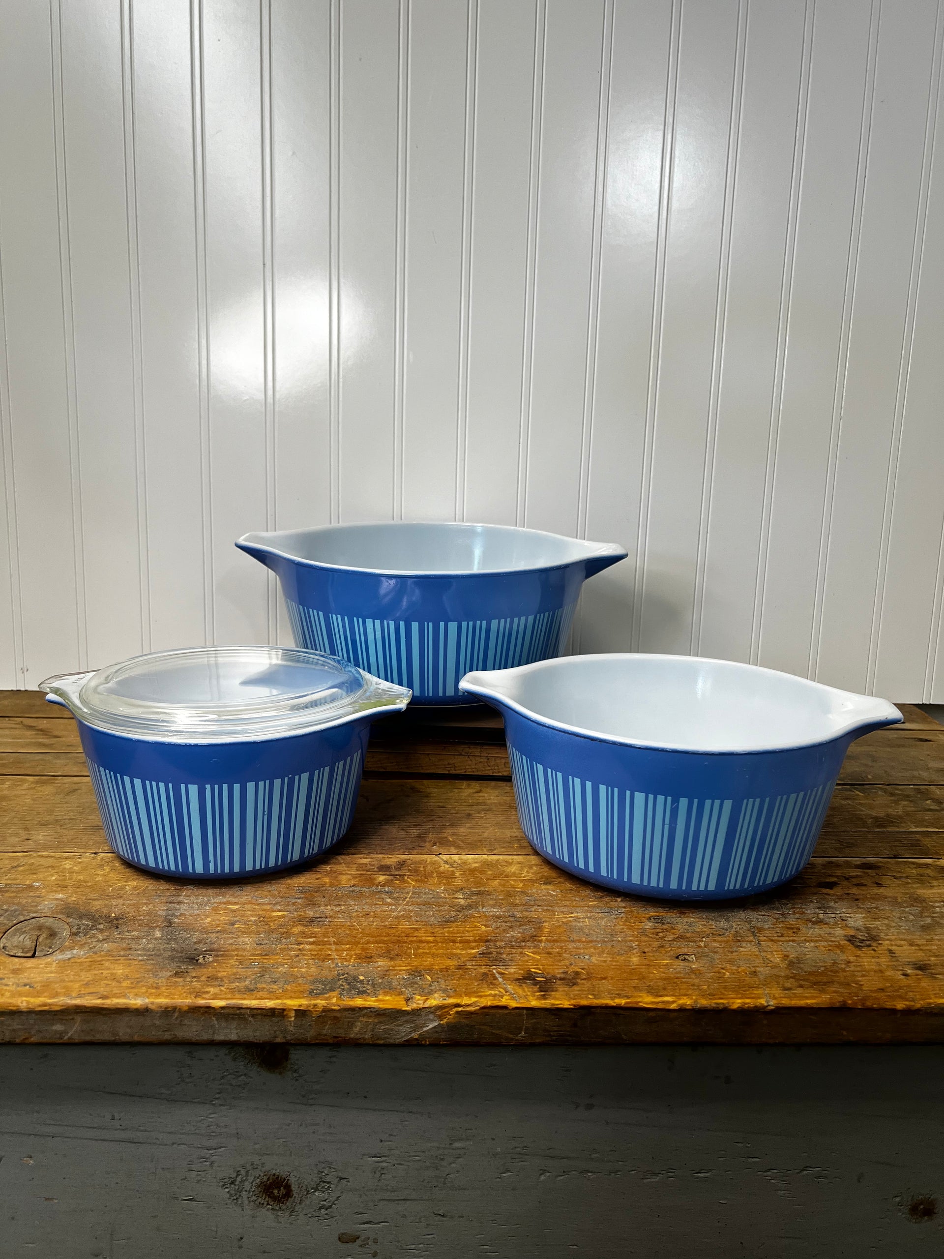 Vintage Pyrex Barcode Blue Stripes MCM 475 474 473 Casserole Dish