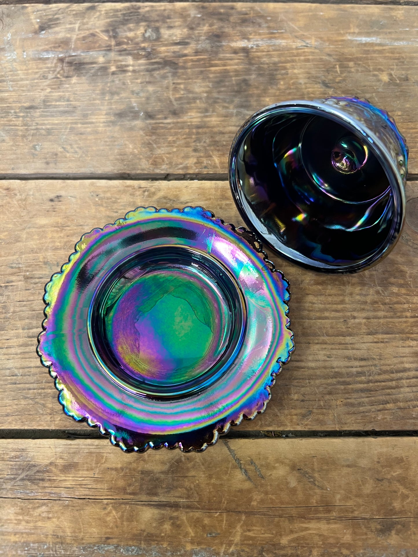 Vintage Miniature/Child Size Amethyst Iridescent Carnival Glass Grape and Cable Pattern Butter Dish