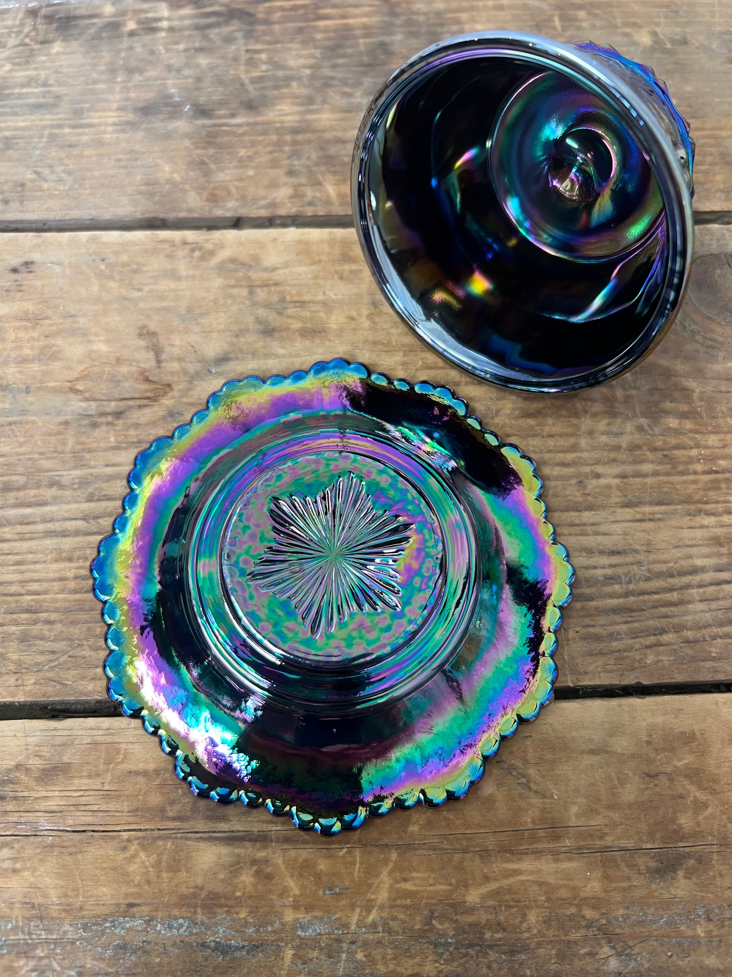 Vintage Miniature/Child Size Amethyst Iridescent Carnival Glass Grape and Cable Pattern Butter Dish