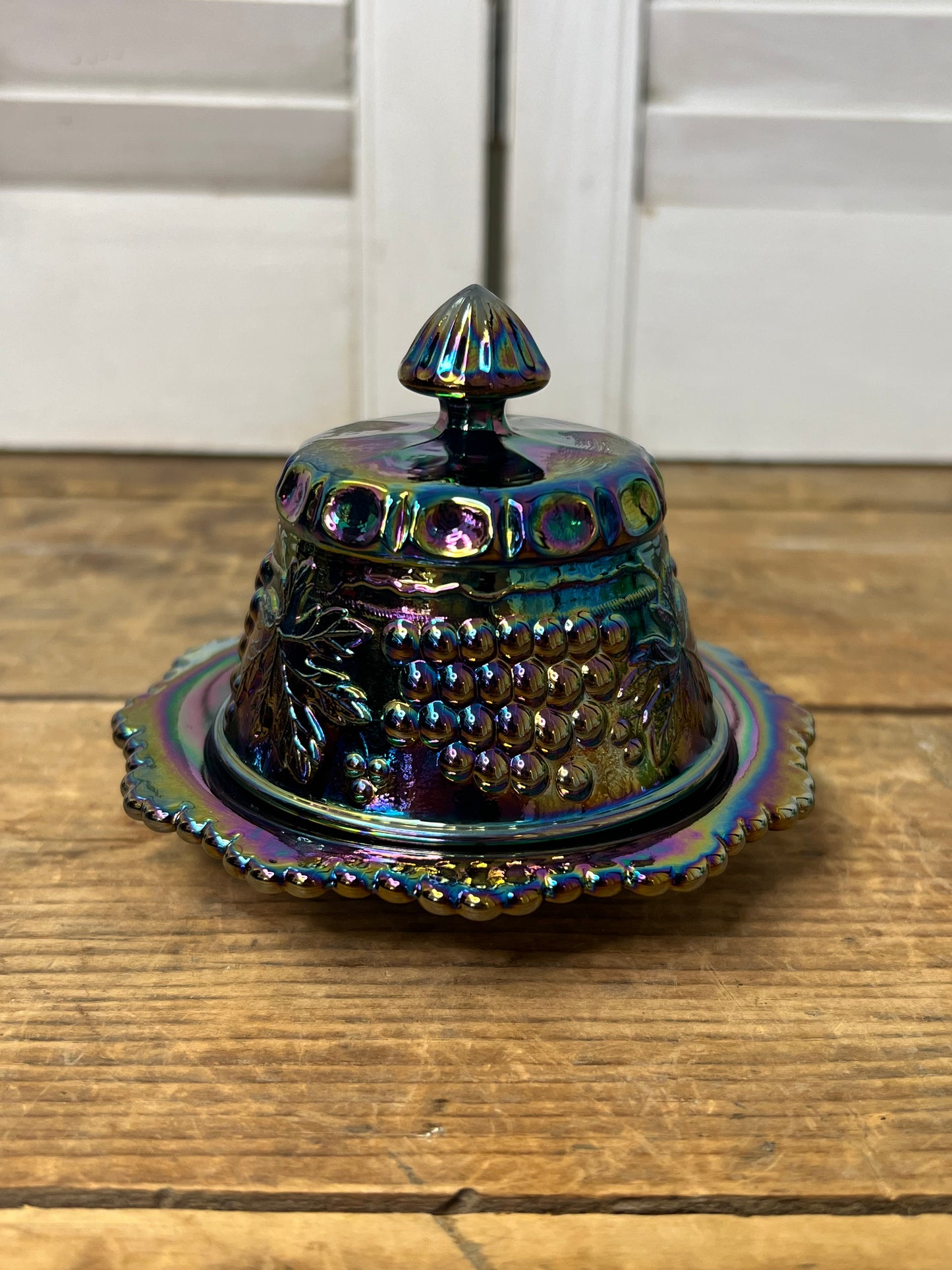 Vintage Miniature/Child Size Amethyst Iridescent Carnival Glass Grape and Cable Pattern Butter Dish