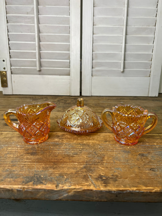Westmoreland glass company vintage Marigold carnival glass miniature/child size three-piece, set butter dish cream and sugar