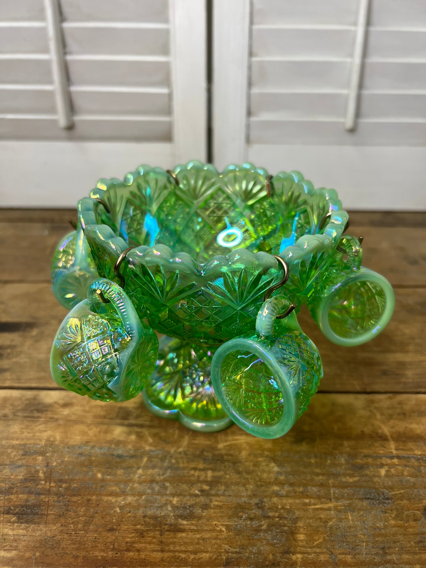 Vintage Westmoreland Iridescent Green Thumbelina Glass Mini Punch Bowl Set RARE