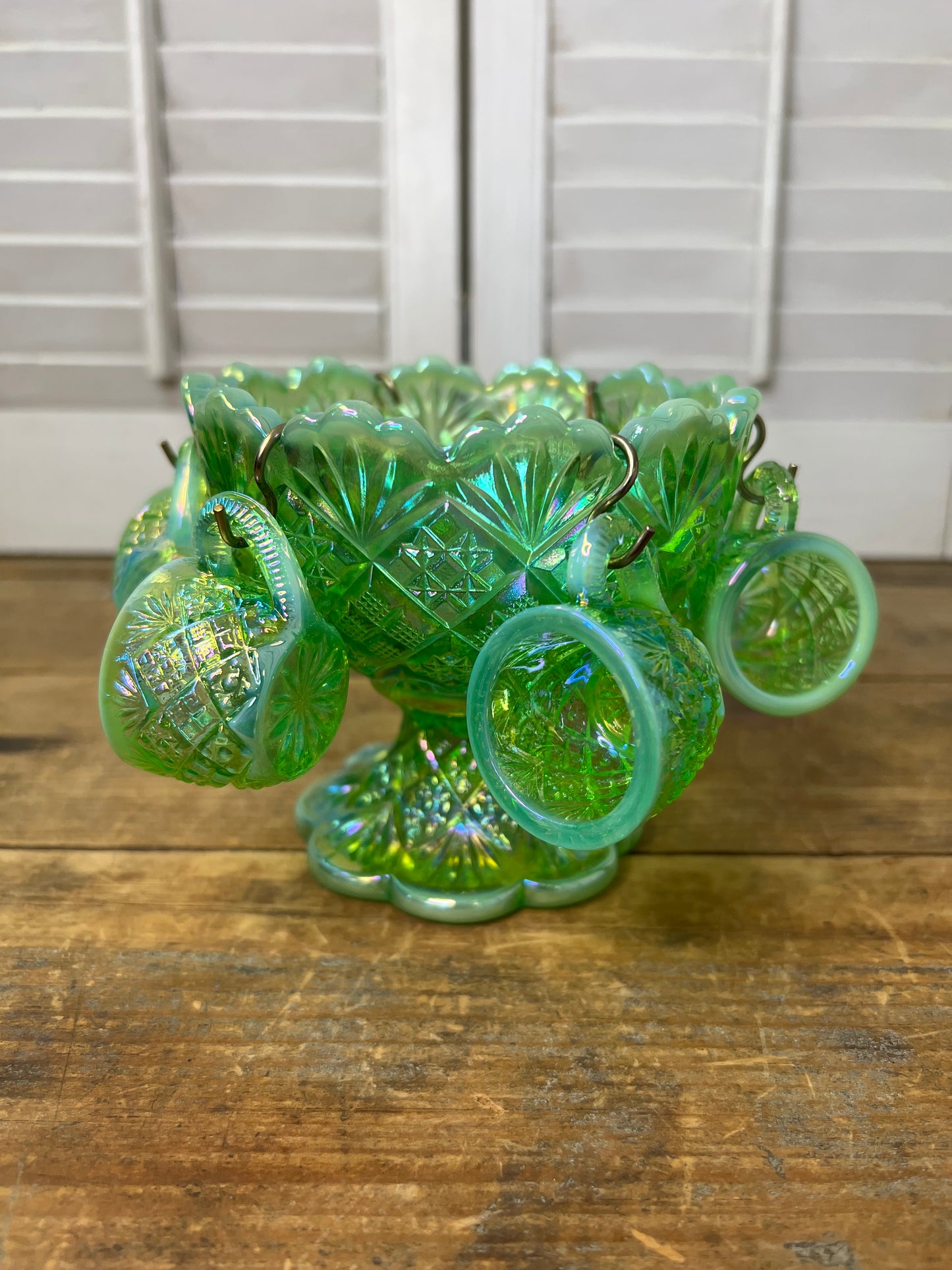 Vintage Westmoreland Iridescent Green Thumbelina Glass Mini Punch Bowl Set RARE