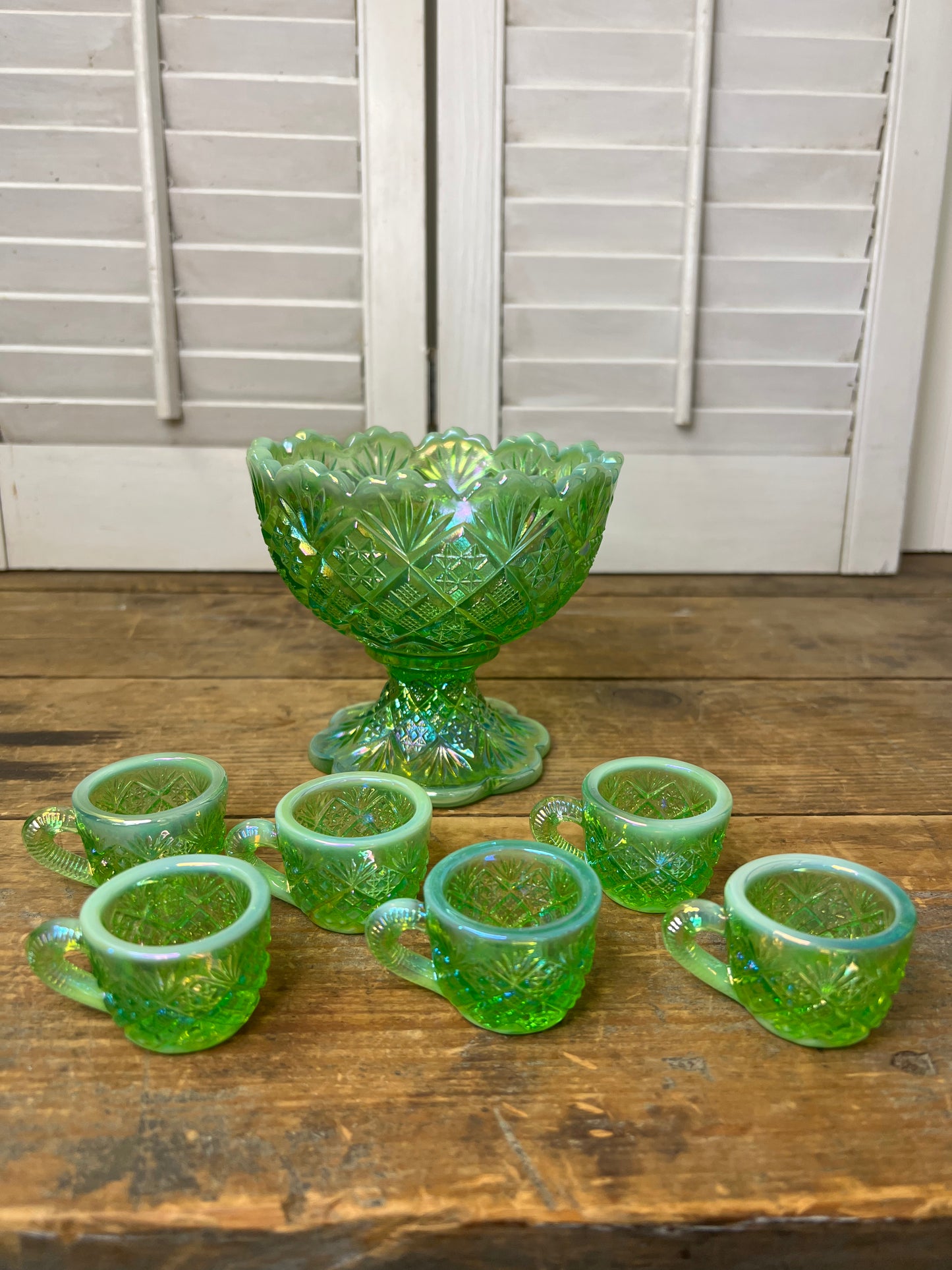Vintage Westmoreland Iridescent Green Thumbelina Glass Mini Punch Bowl Set RARE