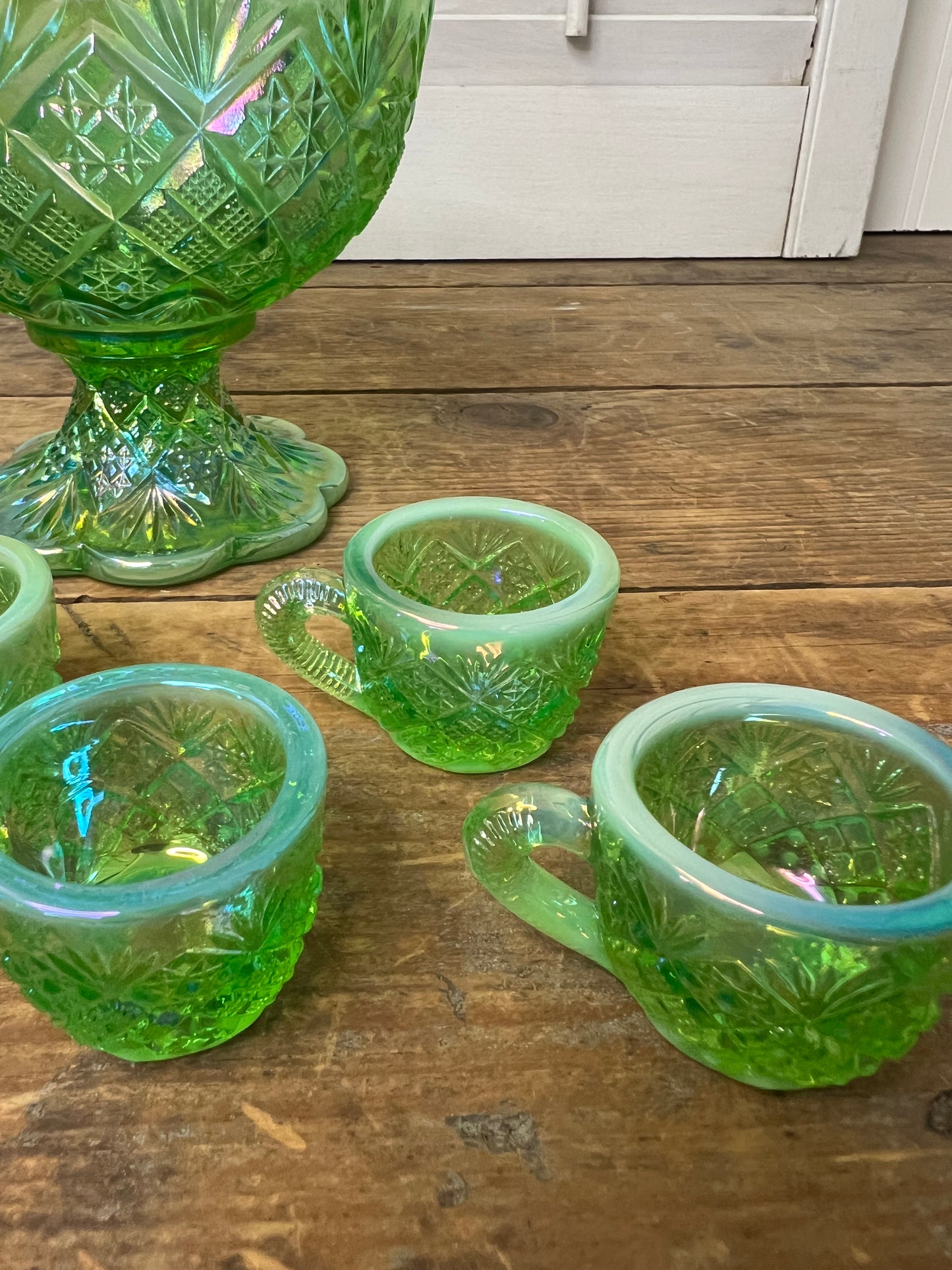 Vintage Westmoreland Iridescent Green Thumbelina Glass Mini Punch Bowl Set RARE