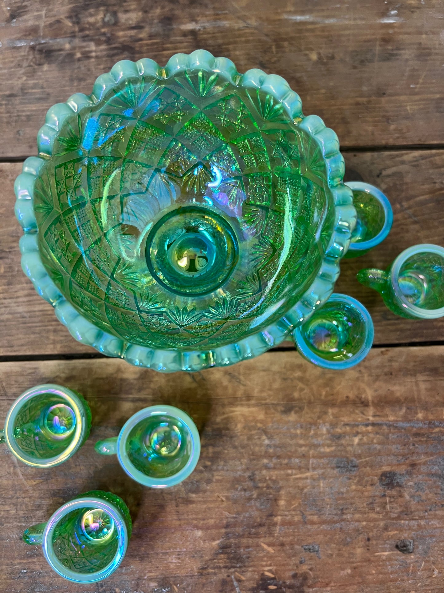 Vintage Westmoreland Iridescent Green Thumbelina Glass Mini Punch Bowl Set RARE
