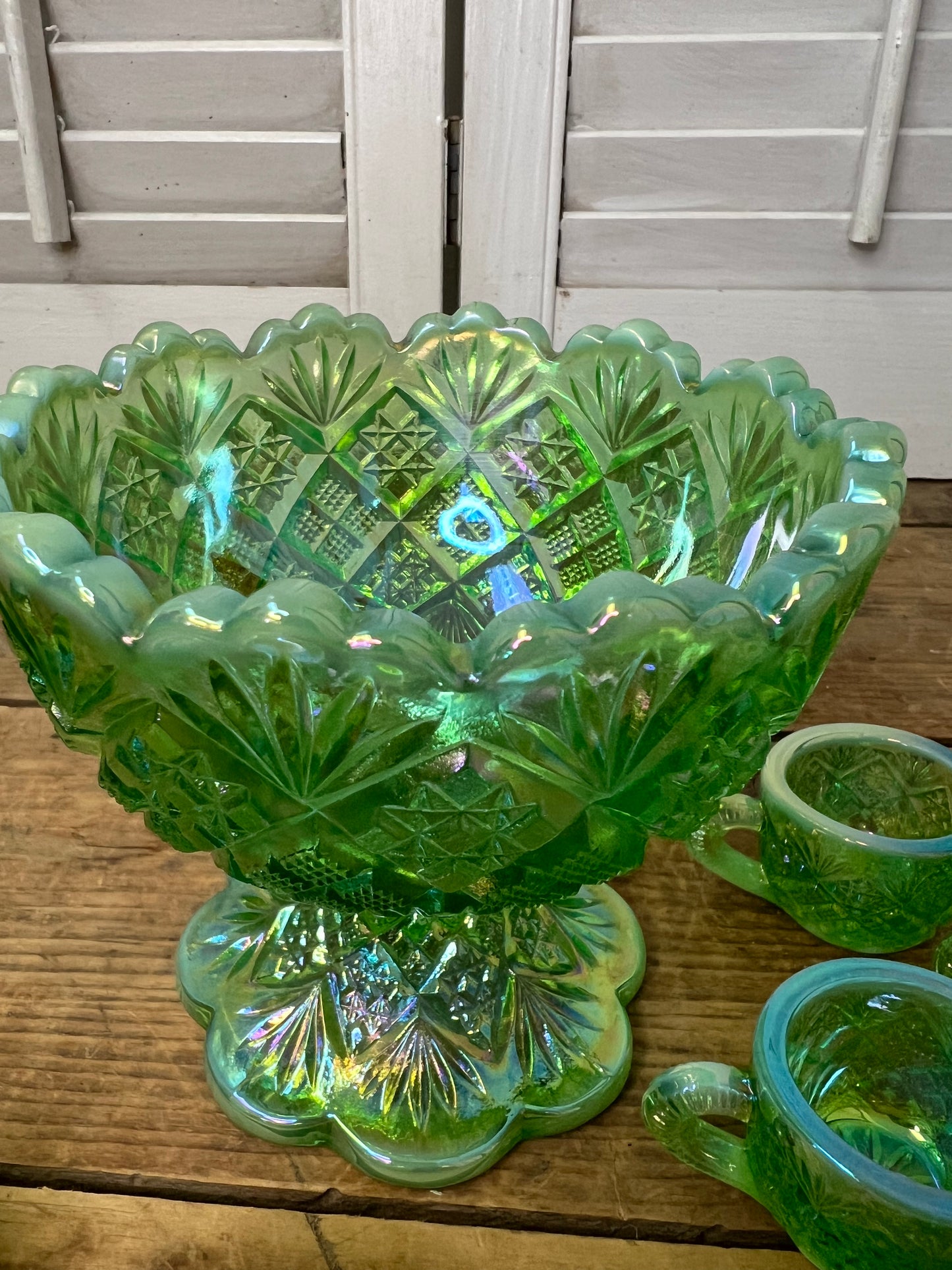 Vintage Westmoreland Iridescent Green Thumbelina Glass Mini Punch Bowl Set RARE