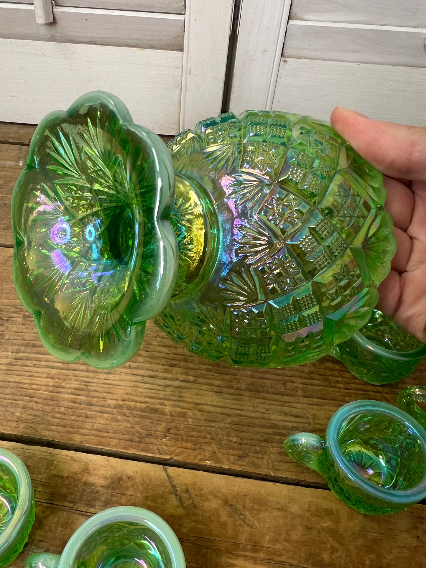Vintage Westmoreland Iridescent Green Thumbelina Glass Mini Punch Bowl Set RARE