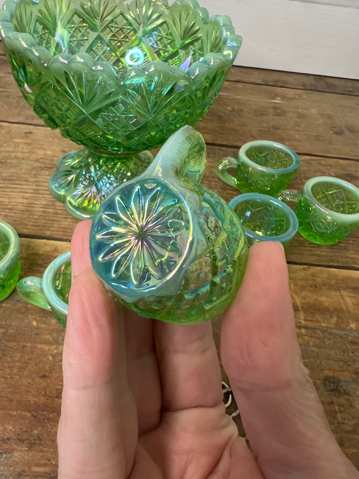 Vintage Westmoreland Iridescent Green Thumbelina Glass Mini Punch Bowl Set RARE