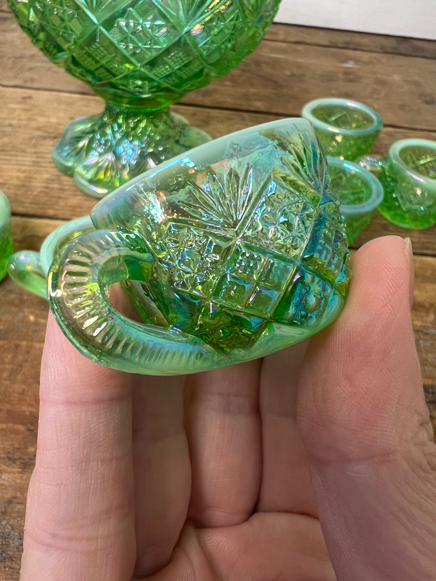 Vintage Westmoreland Iridescent Green Thumbelina Glass Mini Punch Bowl Set RARE
