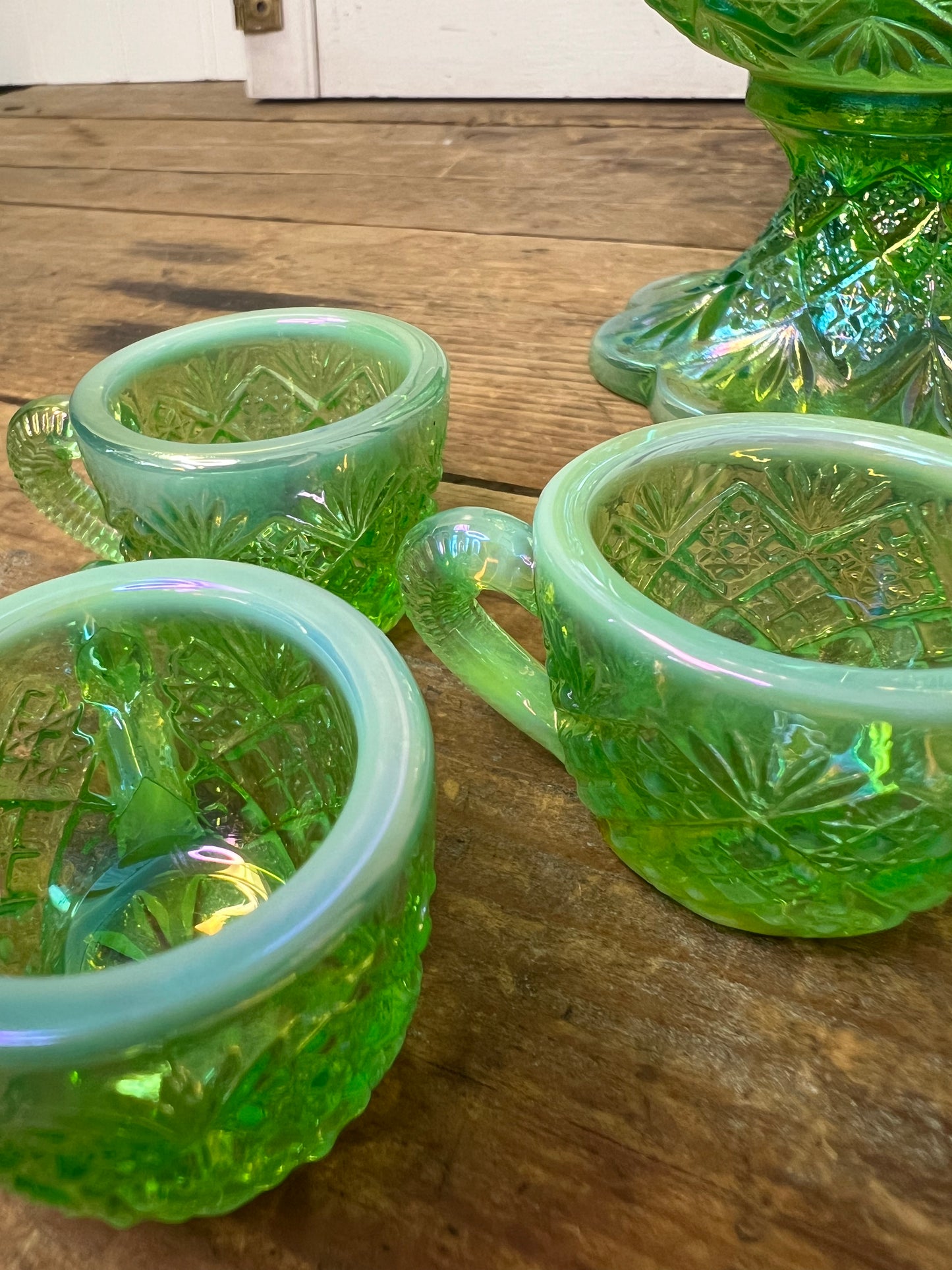 Vintage Westmoreland Iridescent Green Thumbelina Glass Mini Punch Bowl Set RARE