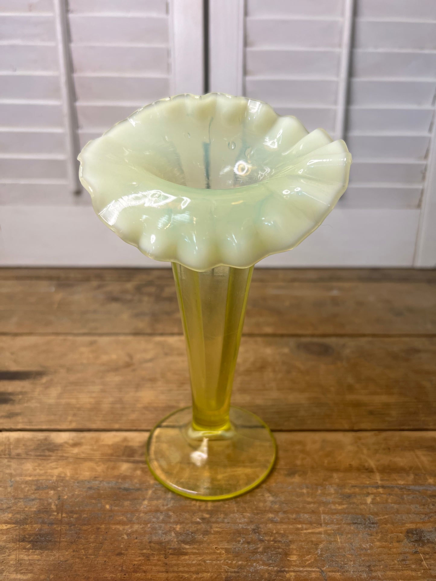 Northwood Lorna Vaseline Opalescent Glass Vase Uranium Vintage