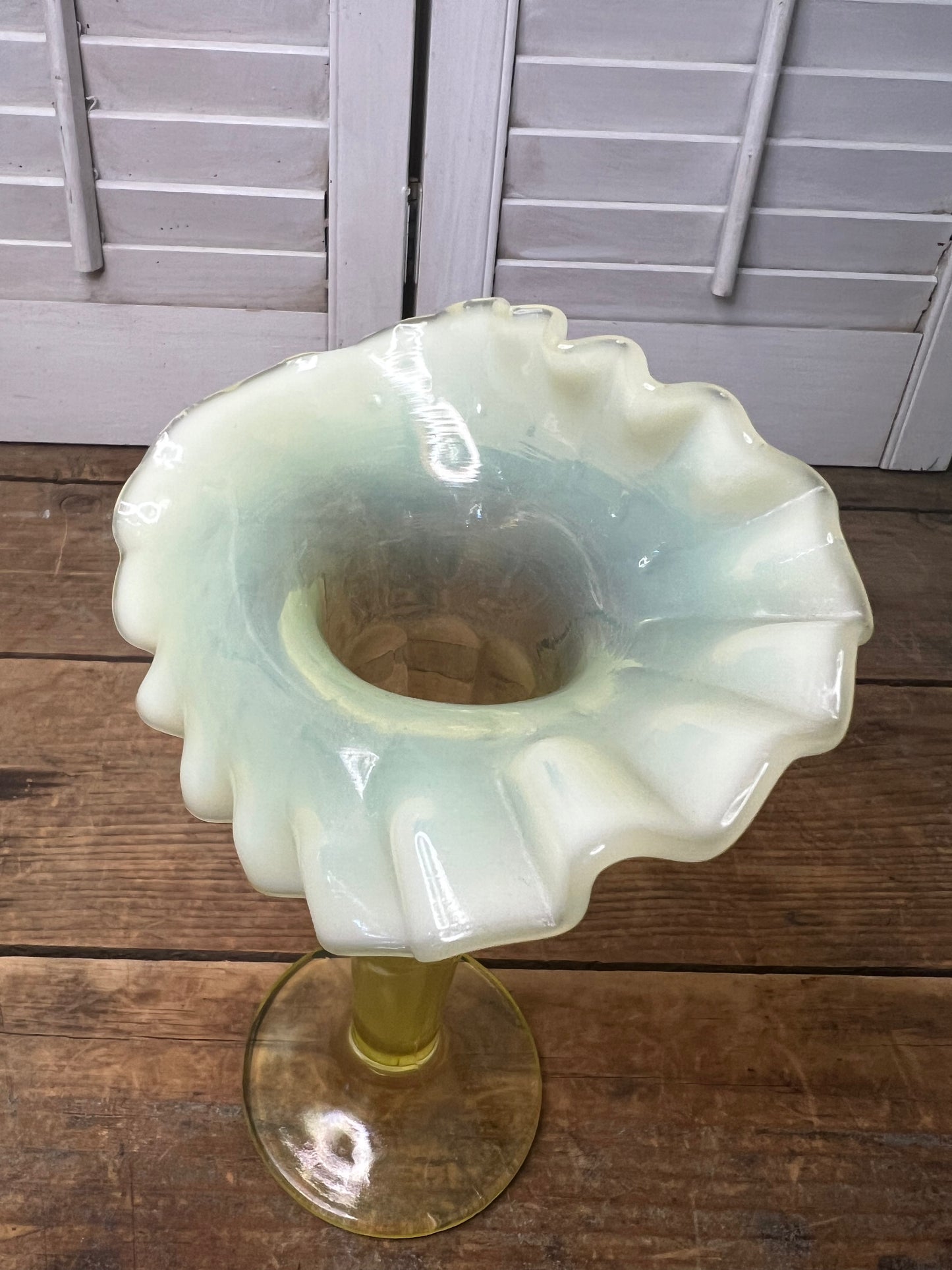 Northwood Lorna Vaseline Opalescent Glass Vase Uranium Vintage