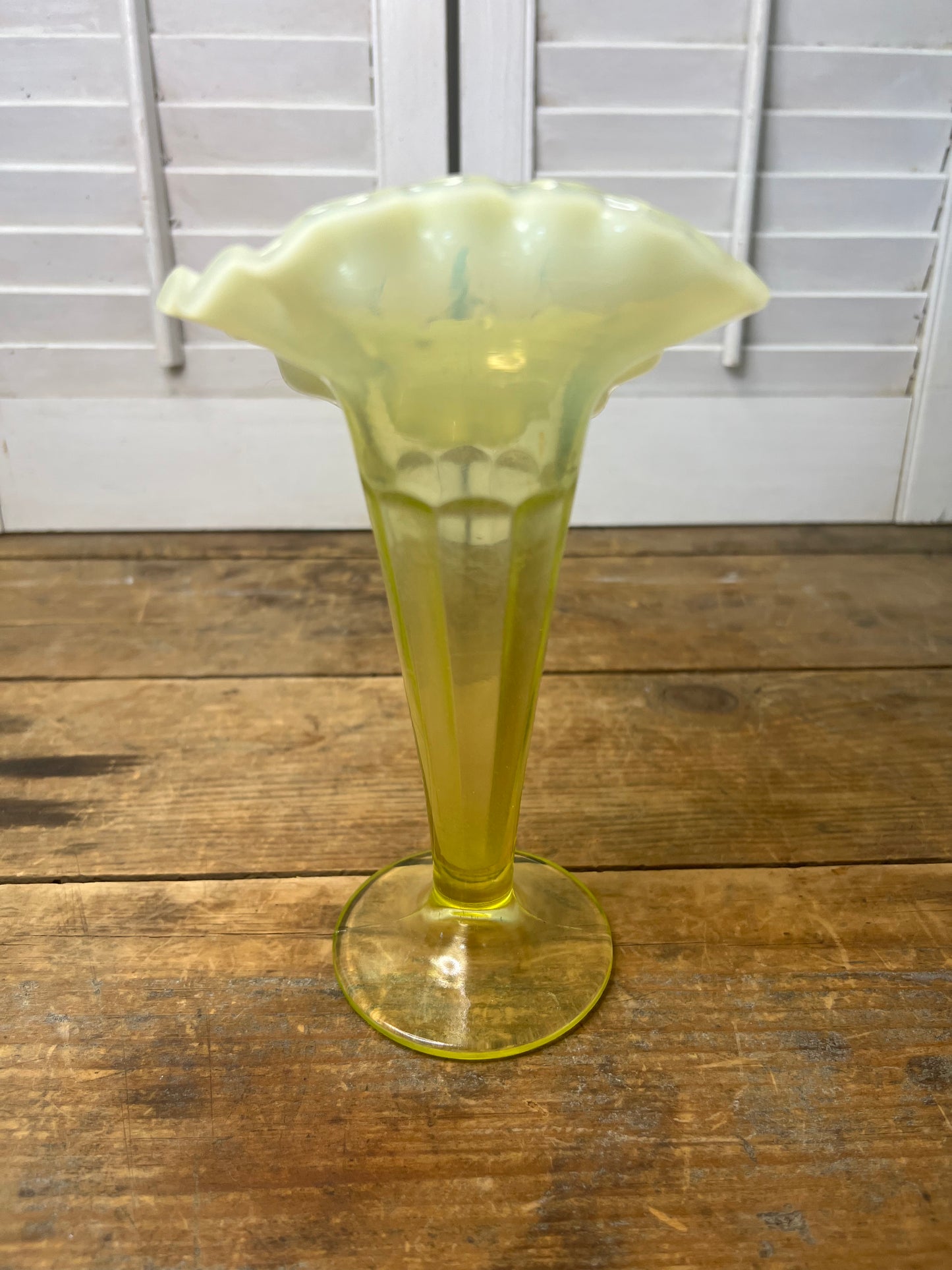 Northwood Lorna Vaseline Opalescent Glass Vase Uranium Vintage
