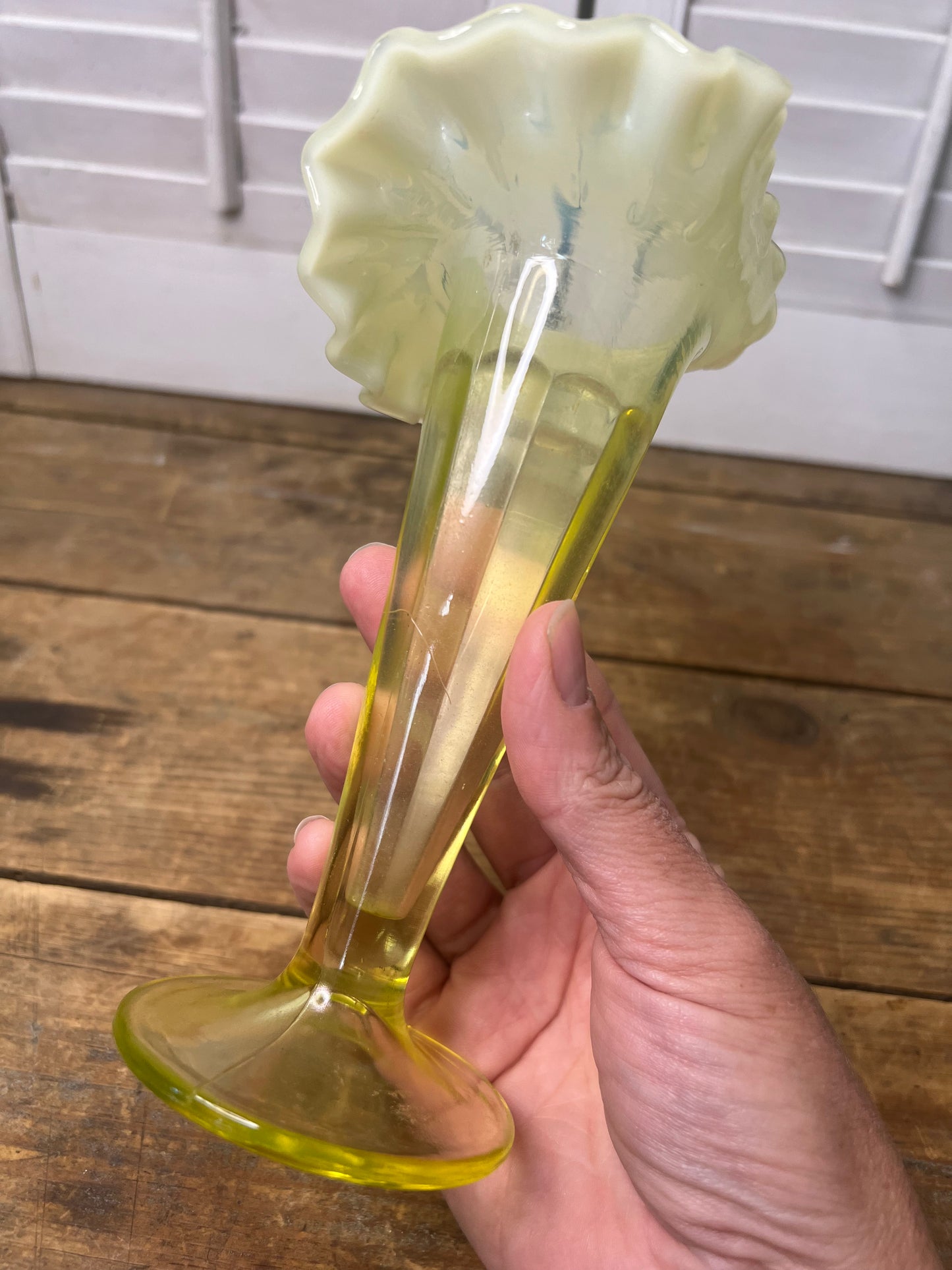 Northwood Lorna Vaseline Opalescent Glass Vase Uranium Vintage