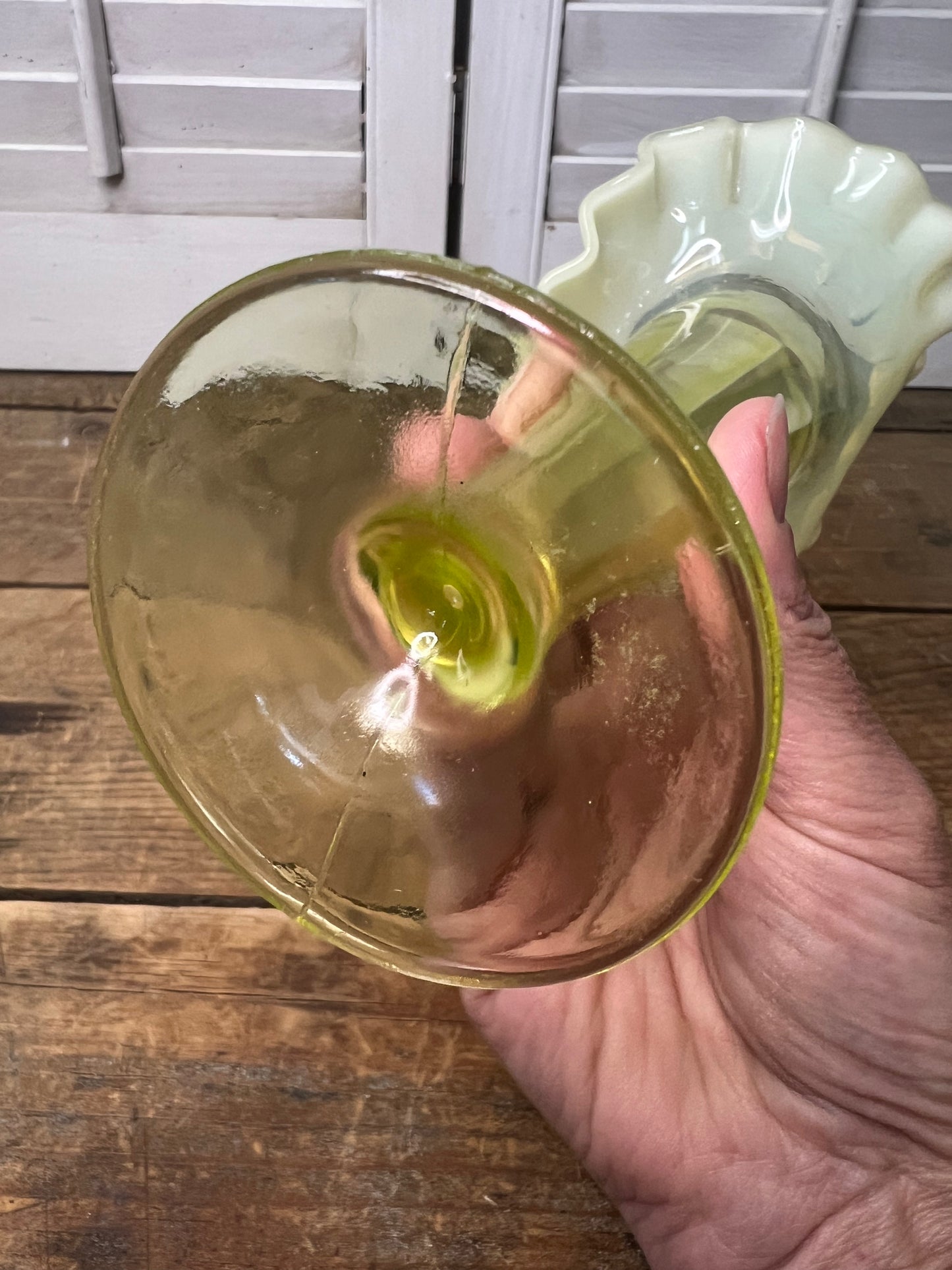Northwood Lorna Vaseline Opalescent Glass Vase Uranium Vintage