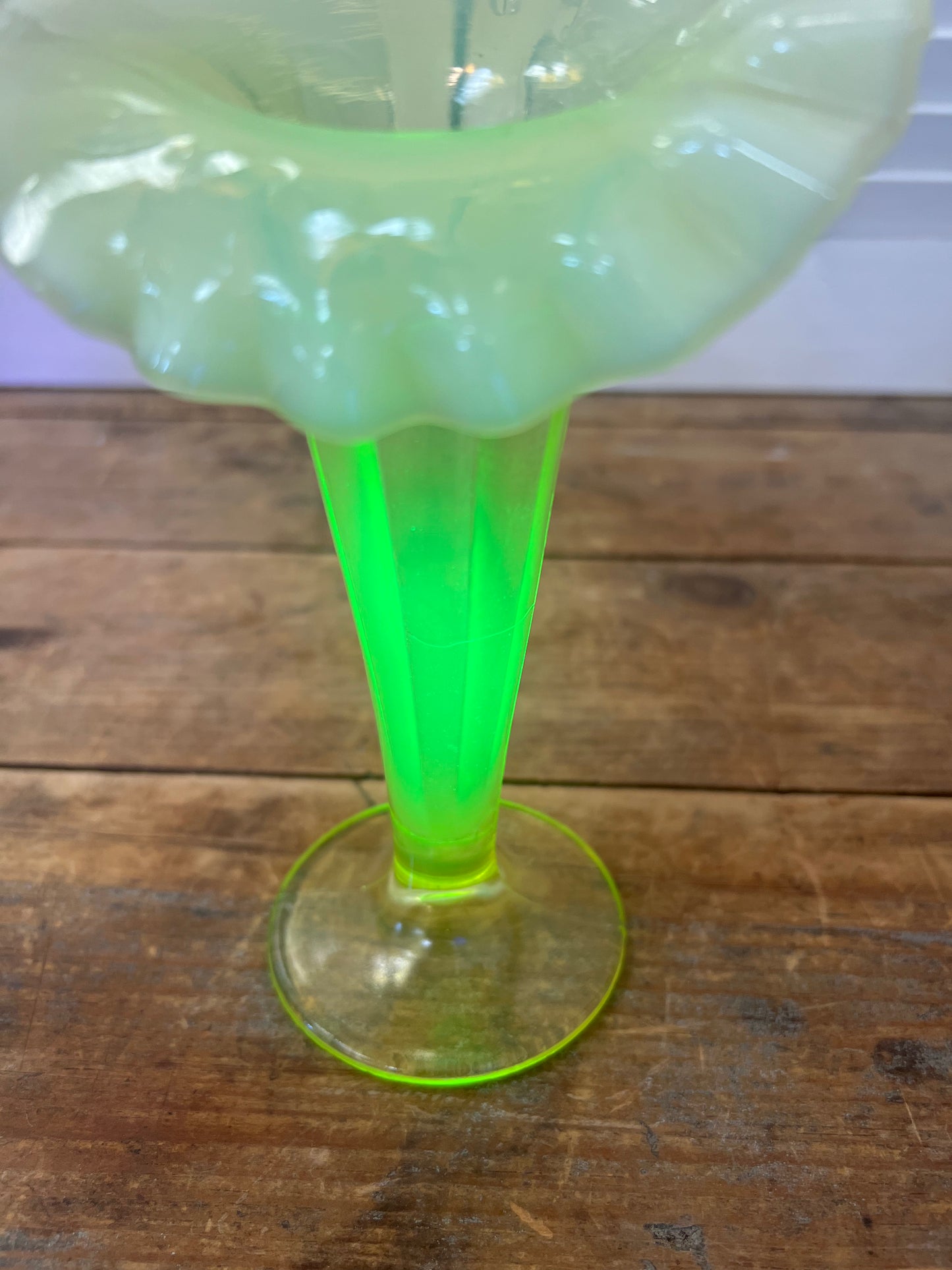 Northwood Lorna Vaseline Opalescent Glass Vase Uranium Vintage