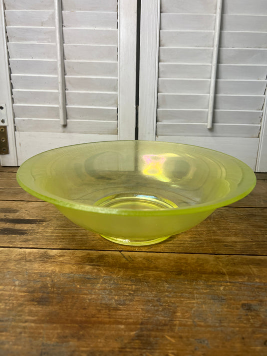 Antique Iridescent Vaseline stretch glass 10” bowl / Uranium glass bowl