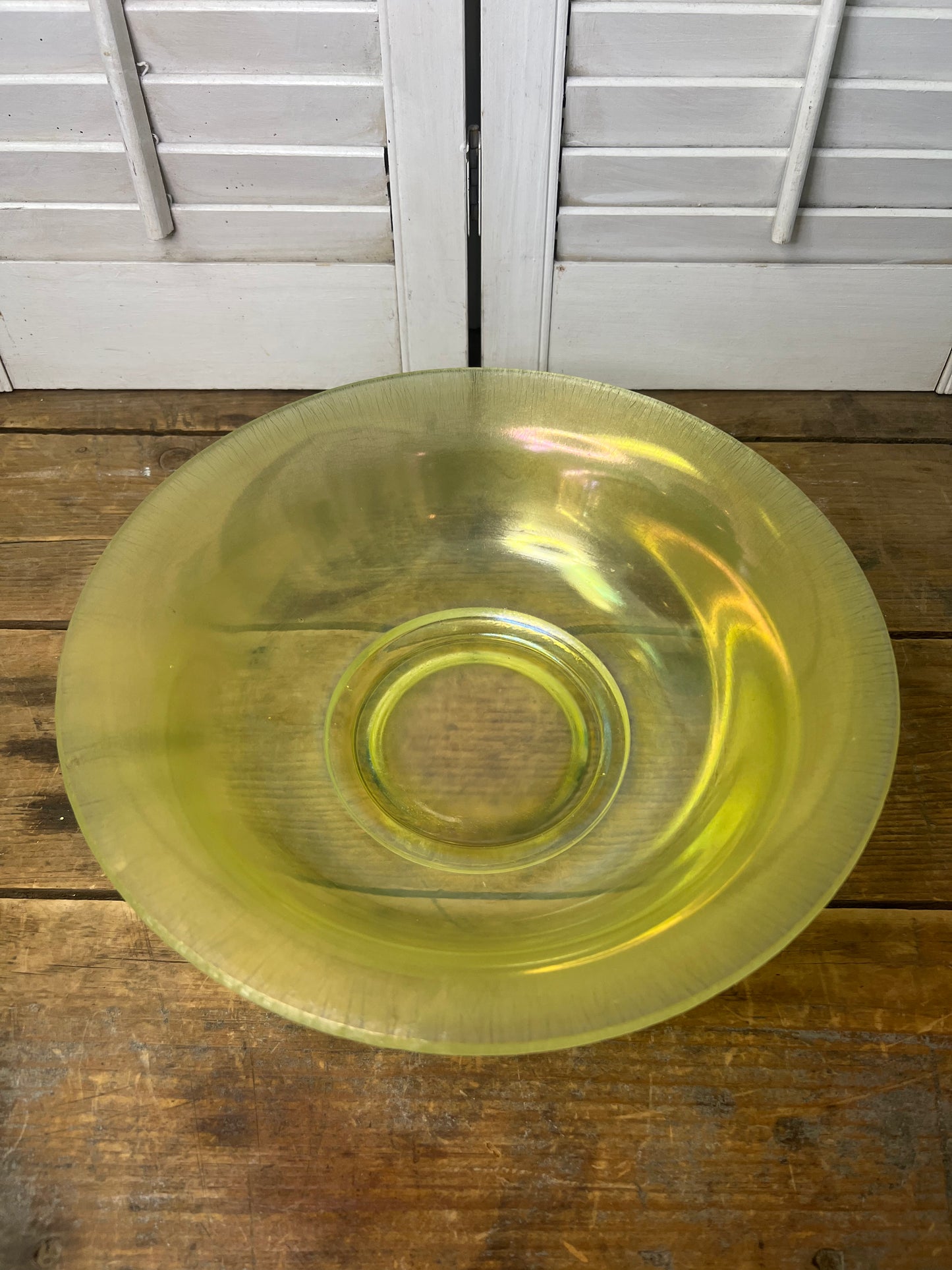 Antique Iridescent Vaseline stretch glass 10” bowl / Uranium glass bowl