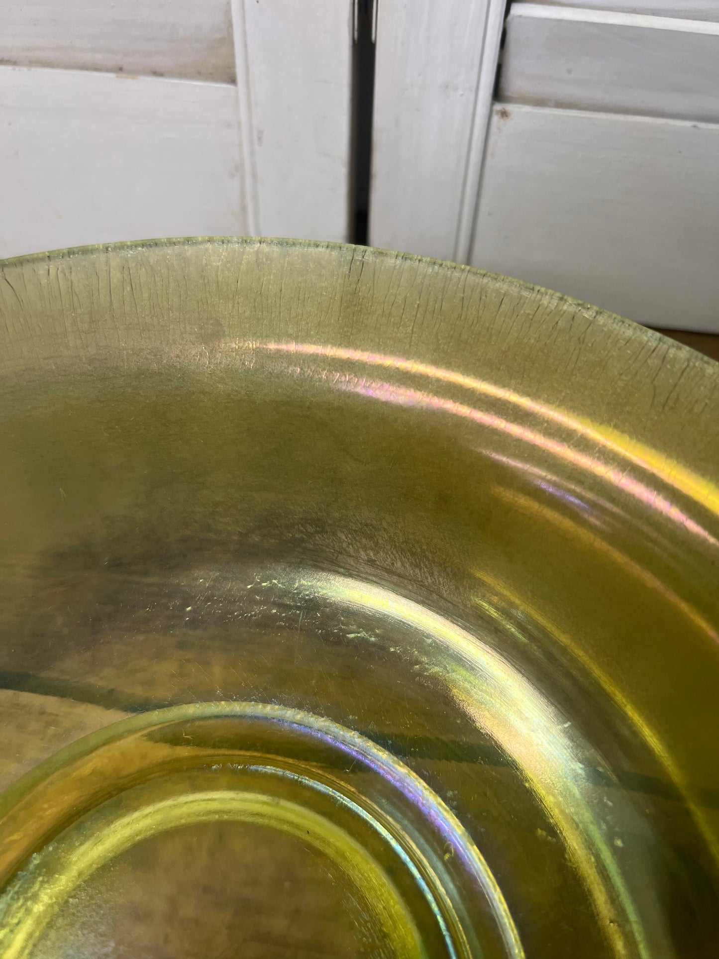 Antique Iridescent Vaseline stretch glass 10” bowl / Uranium glass bowl