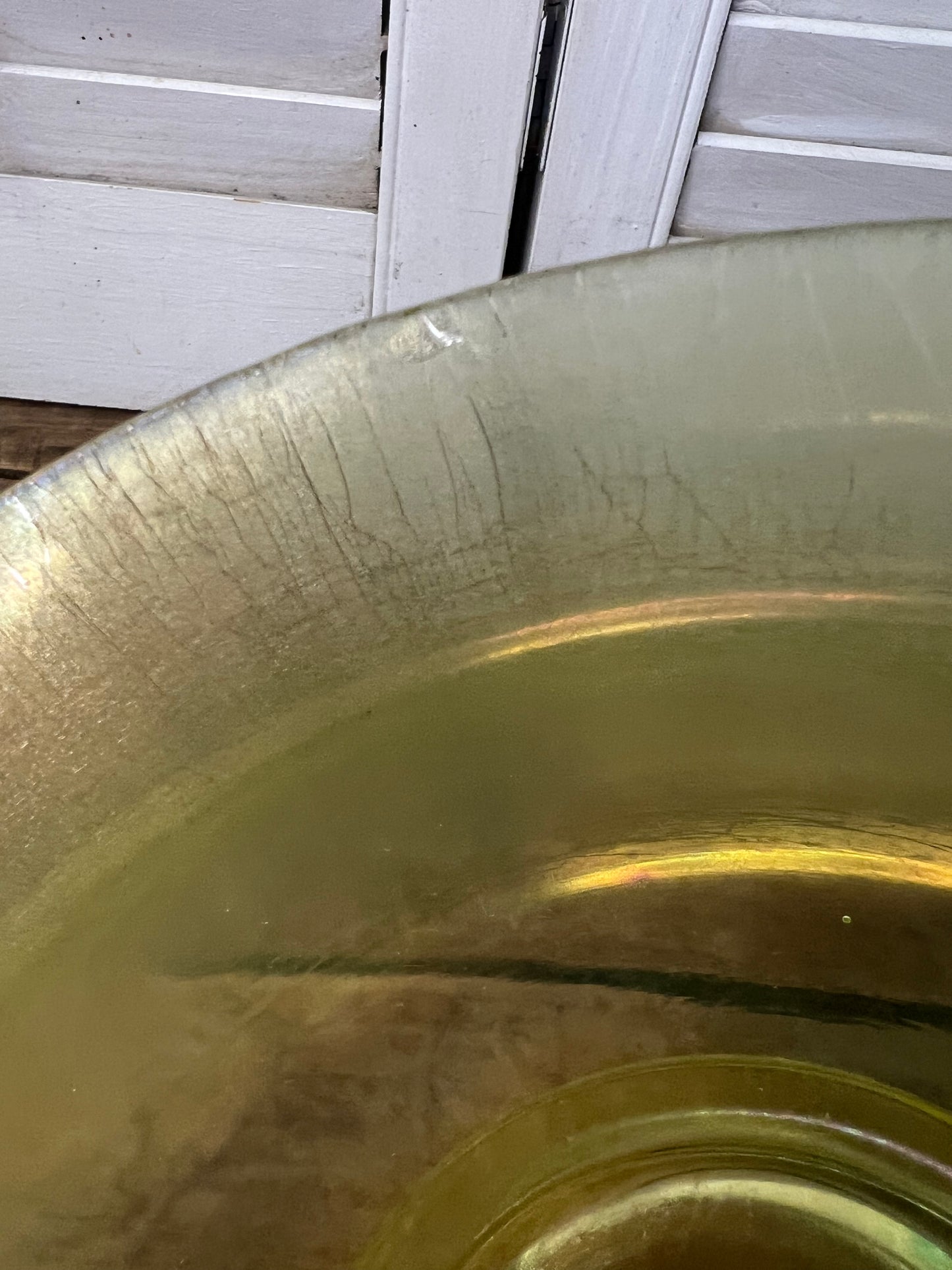 Antique Iridescent Vaseline stretch glass 10” bowl / Uranium glass bowl
