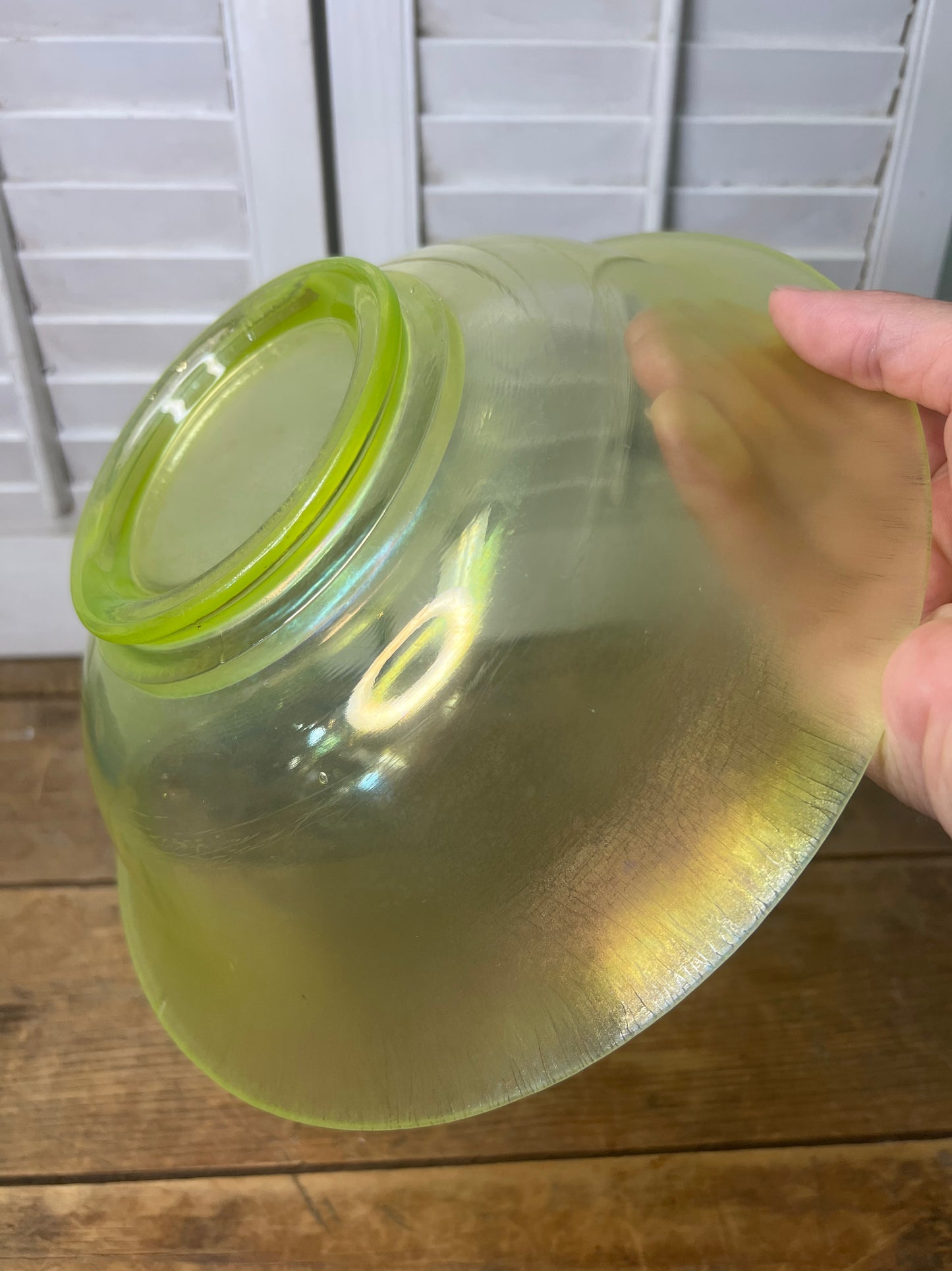 Antique Iridescent Vaseline stretch glass 10” bowl / Uranium glass bowl