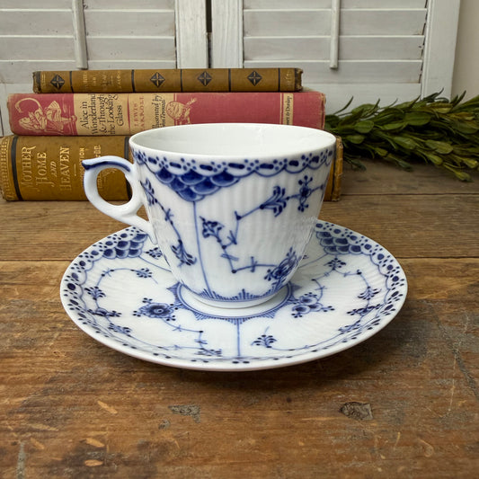 Vintage Royal Copenhagen Blue Fluted Half Lace Small Cup and Saucer Set #719
